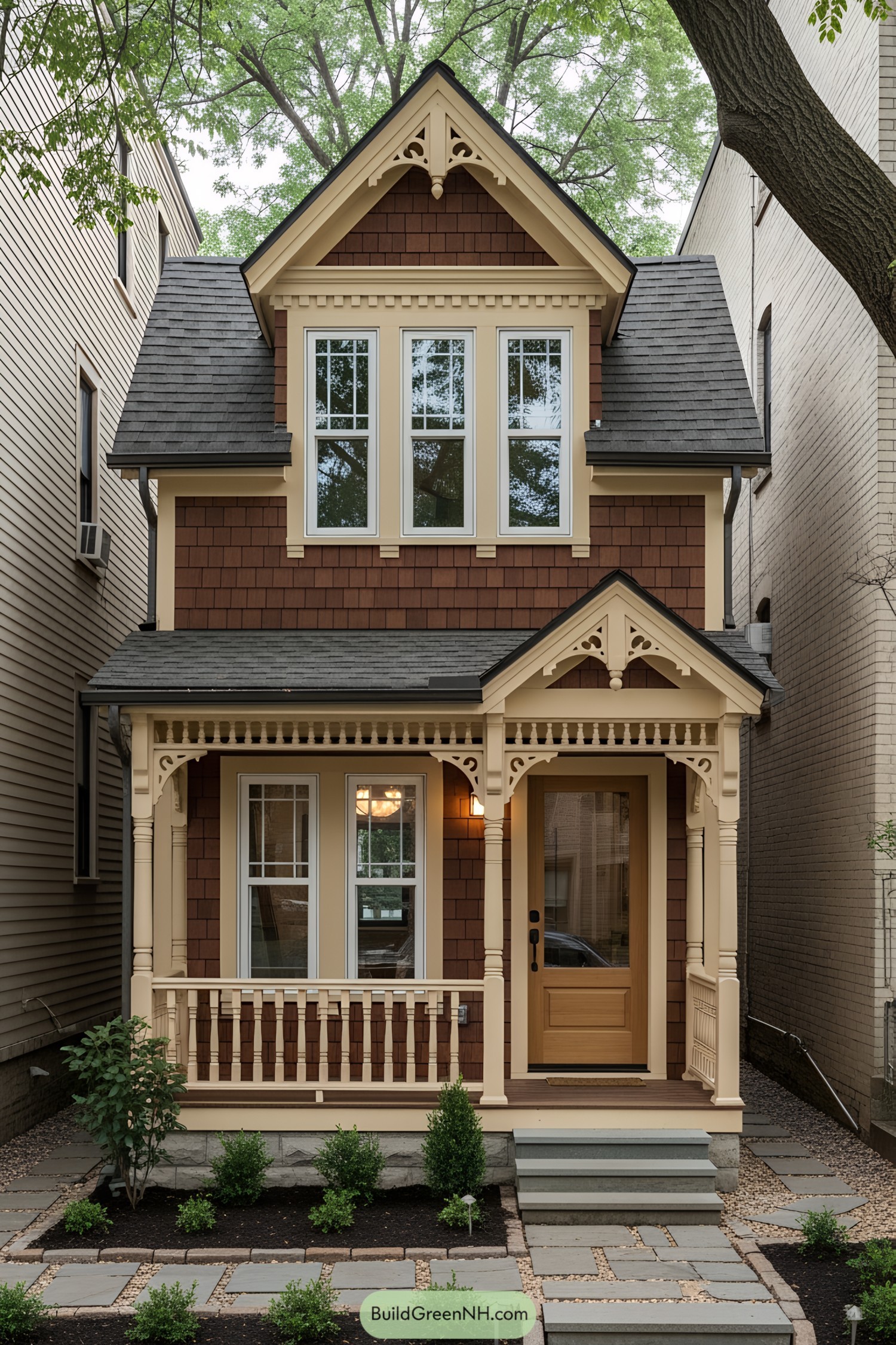 Quaint Victorian-style tiny house with ornate trim