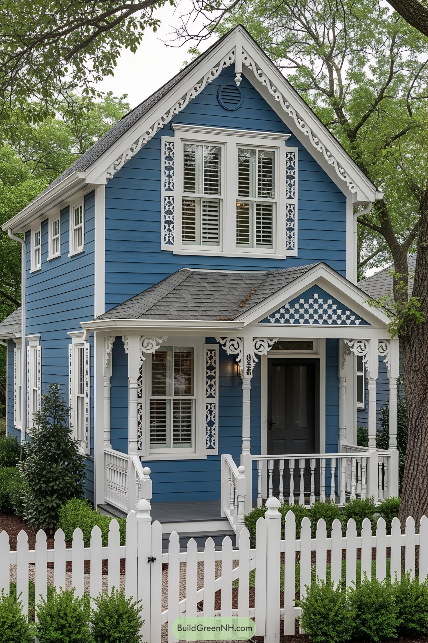 Charming blue Victorian tiny house with intricate white trim