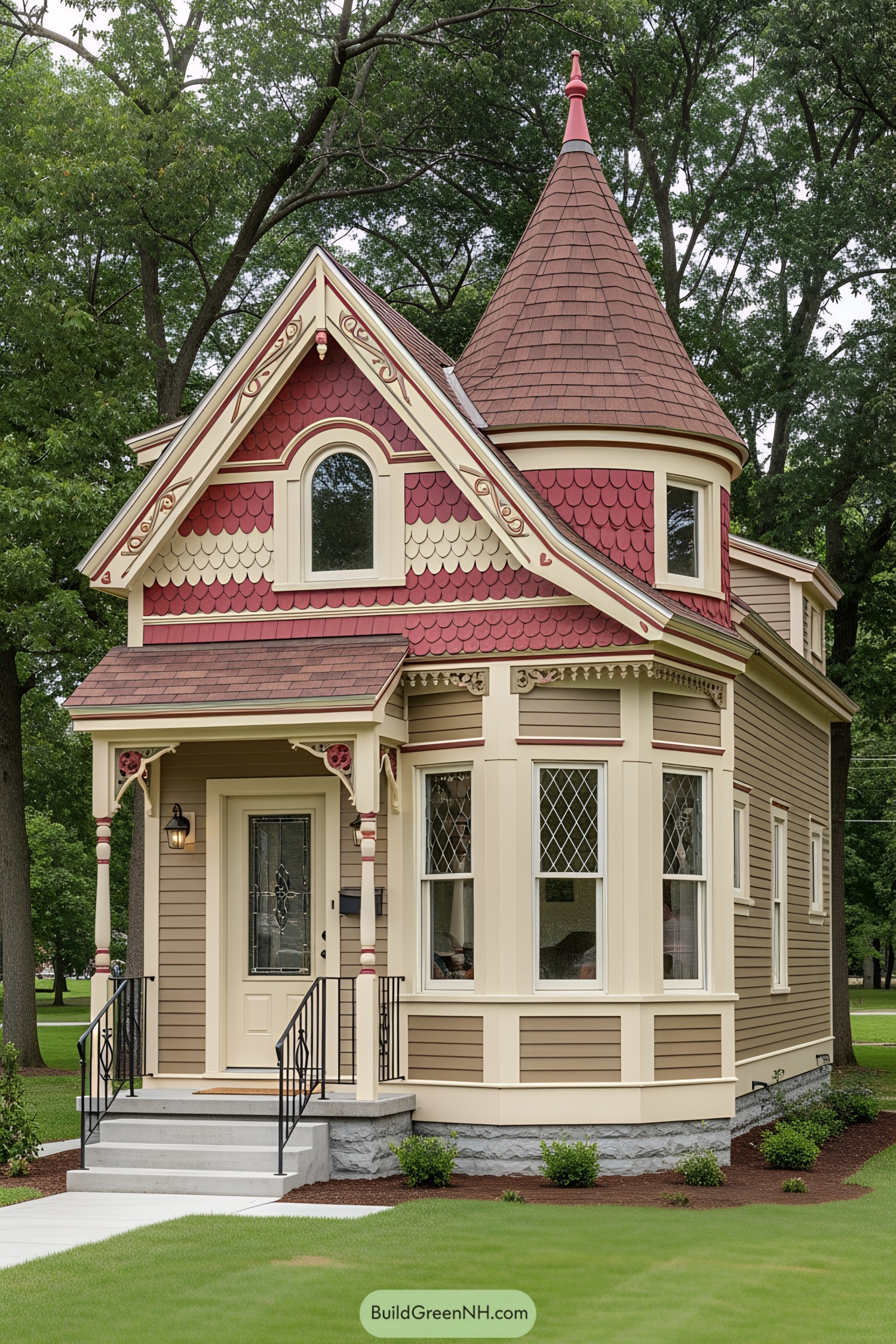 Quaint Victorian tiny house with a pointed turret and ornate details