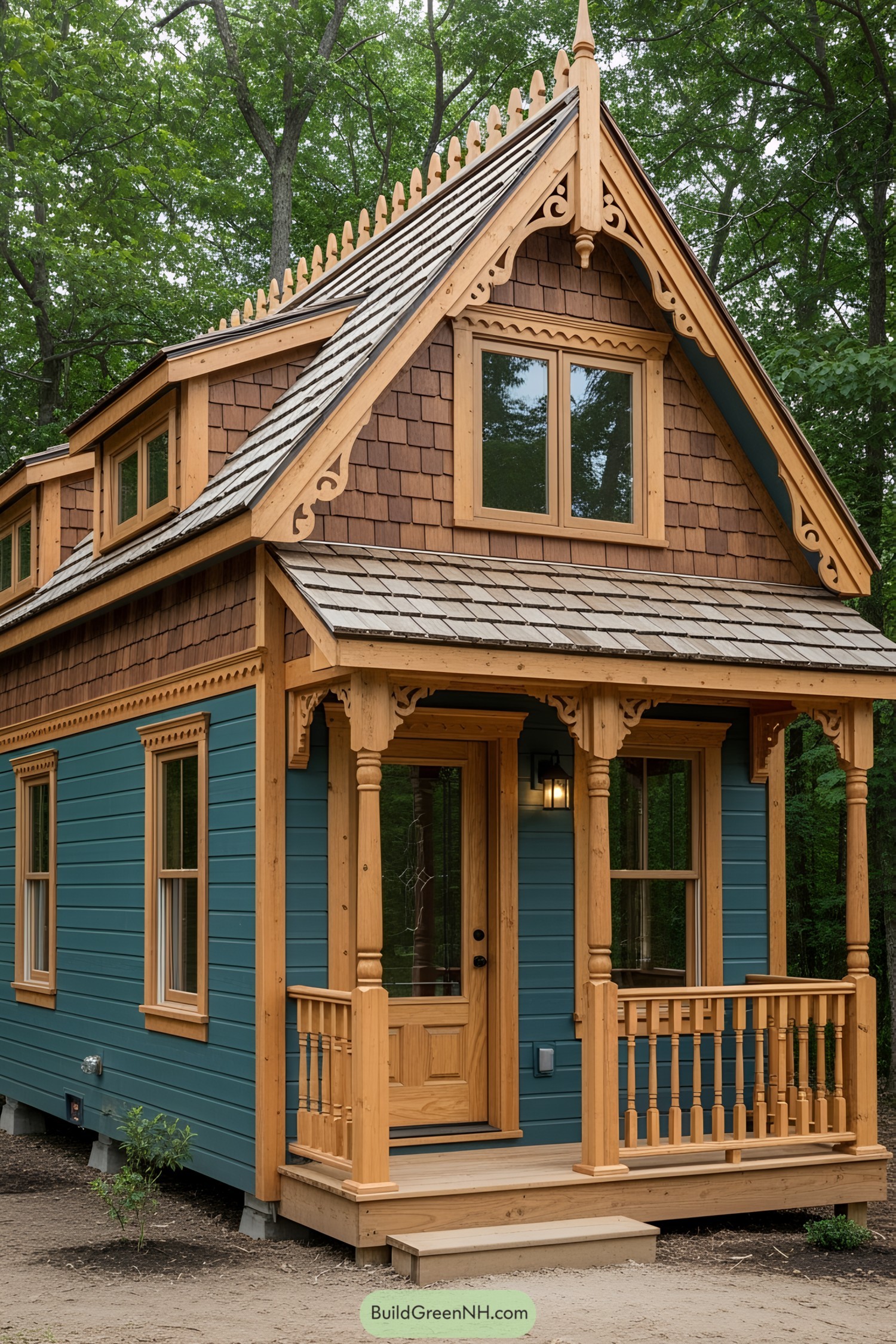 Tiny Victorian house with ornate details and blue siding