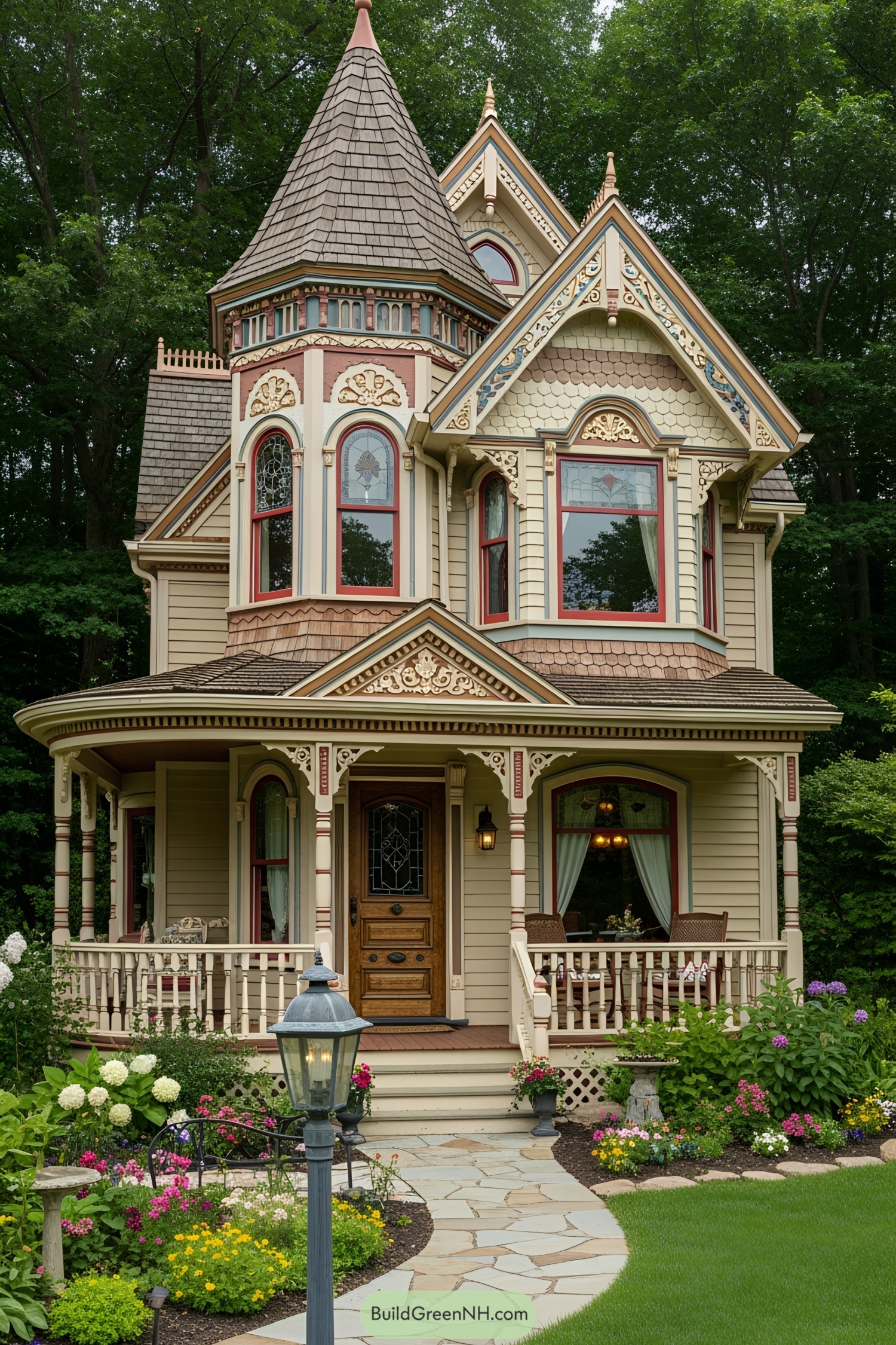 Victorian tiny house with intricate details and lush garden