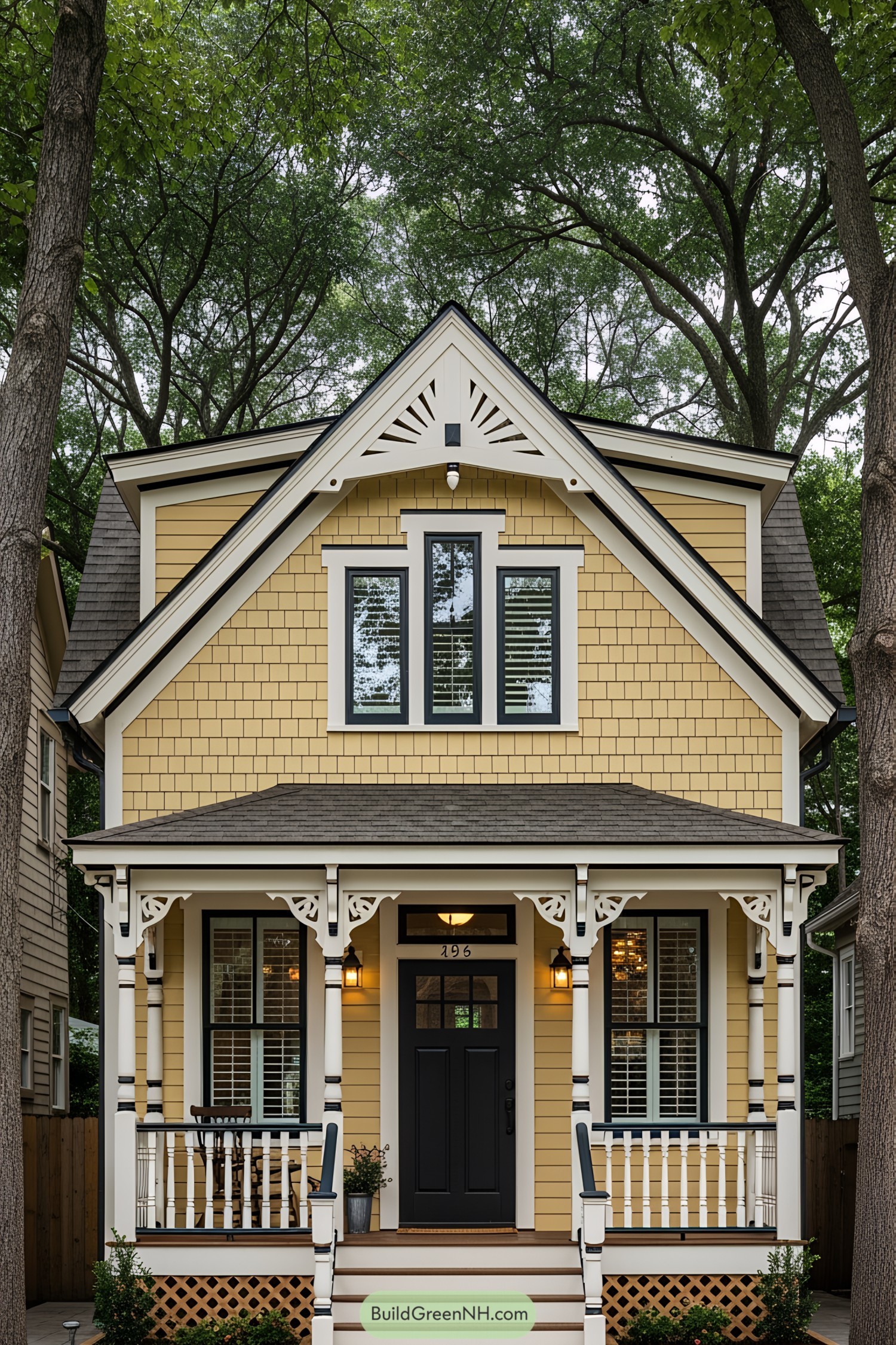 Yellow Victorian tiny house with intricate woodwork and cozy porch
