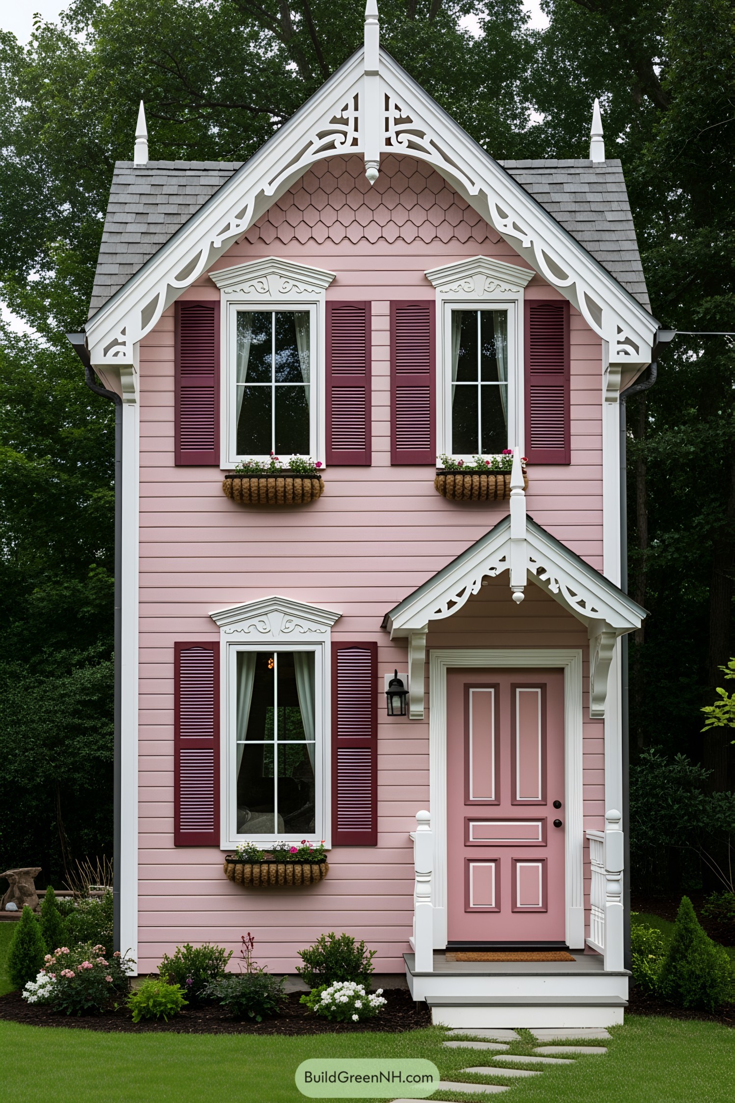 Quaint pink Victorian tiny house with ornate details