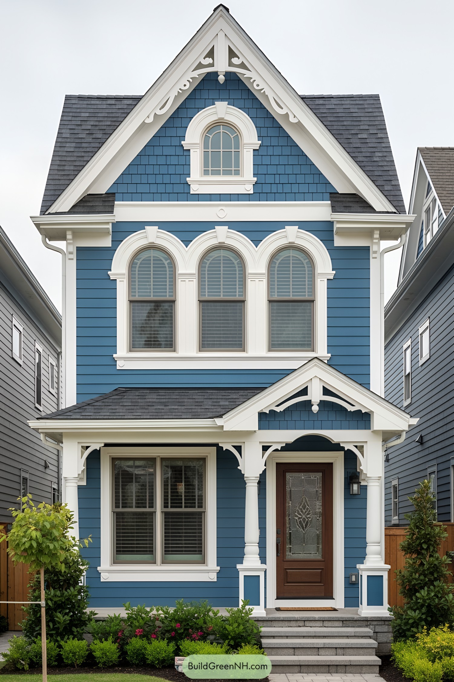 Blue Victorian tiny house with white trim and arched windows