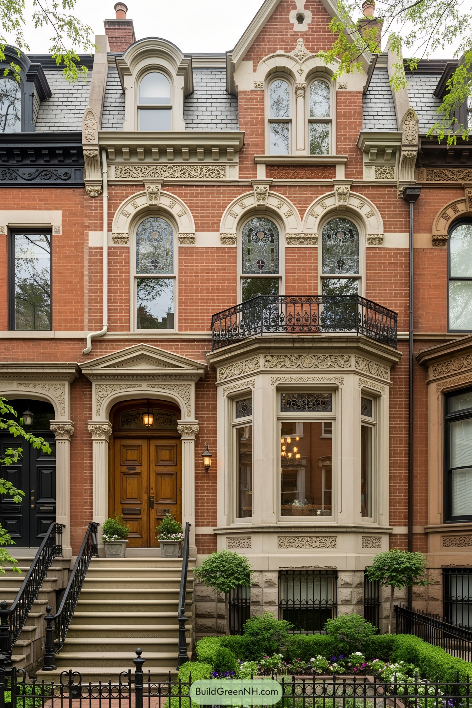 Victorian townhouse with intricate brickwork and lush garden