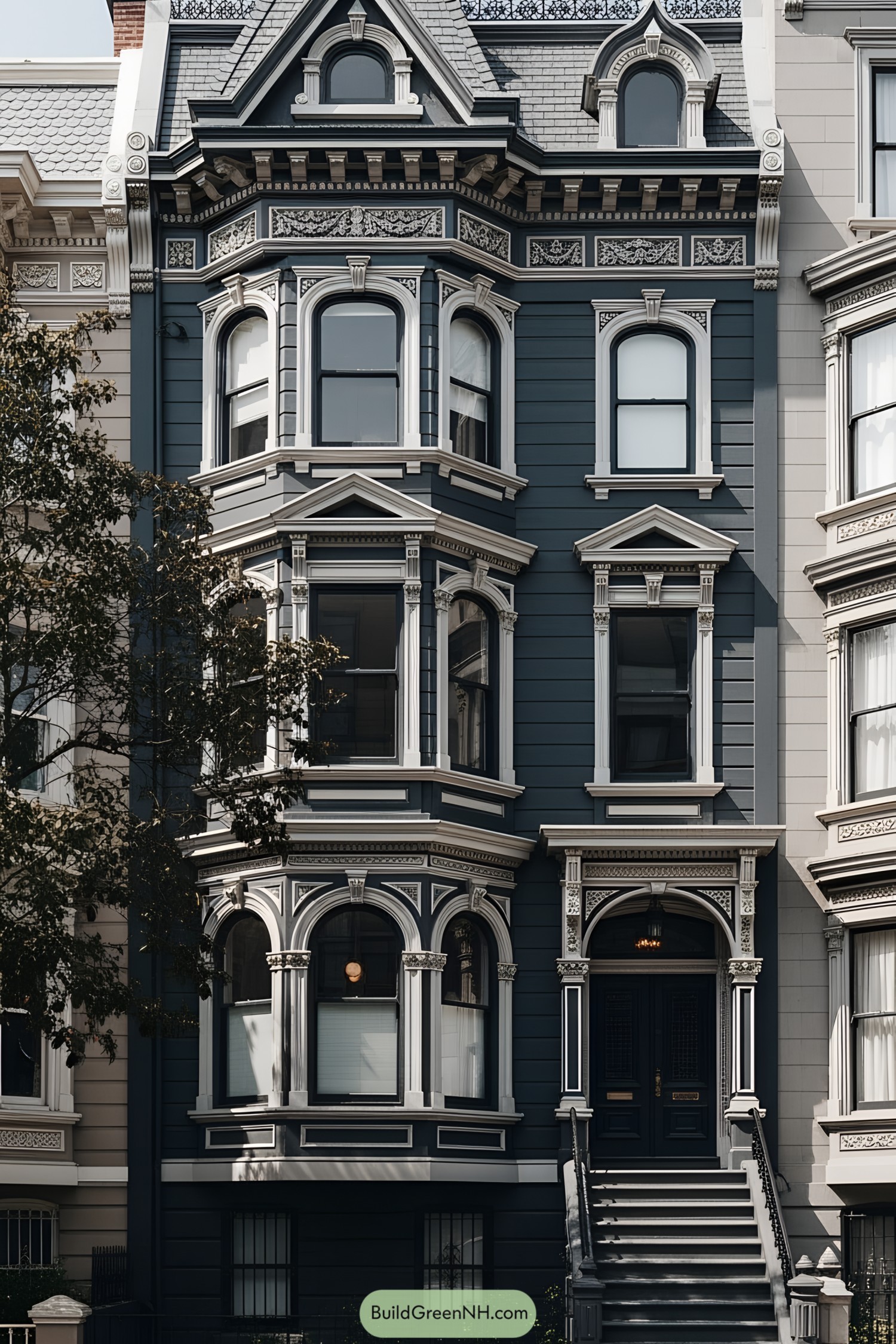 Victorian townhouse with ornate details and dark facade