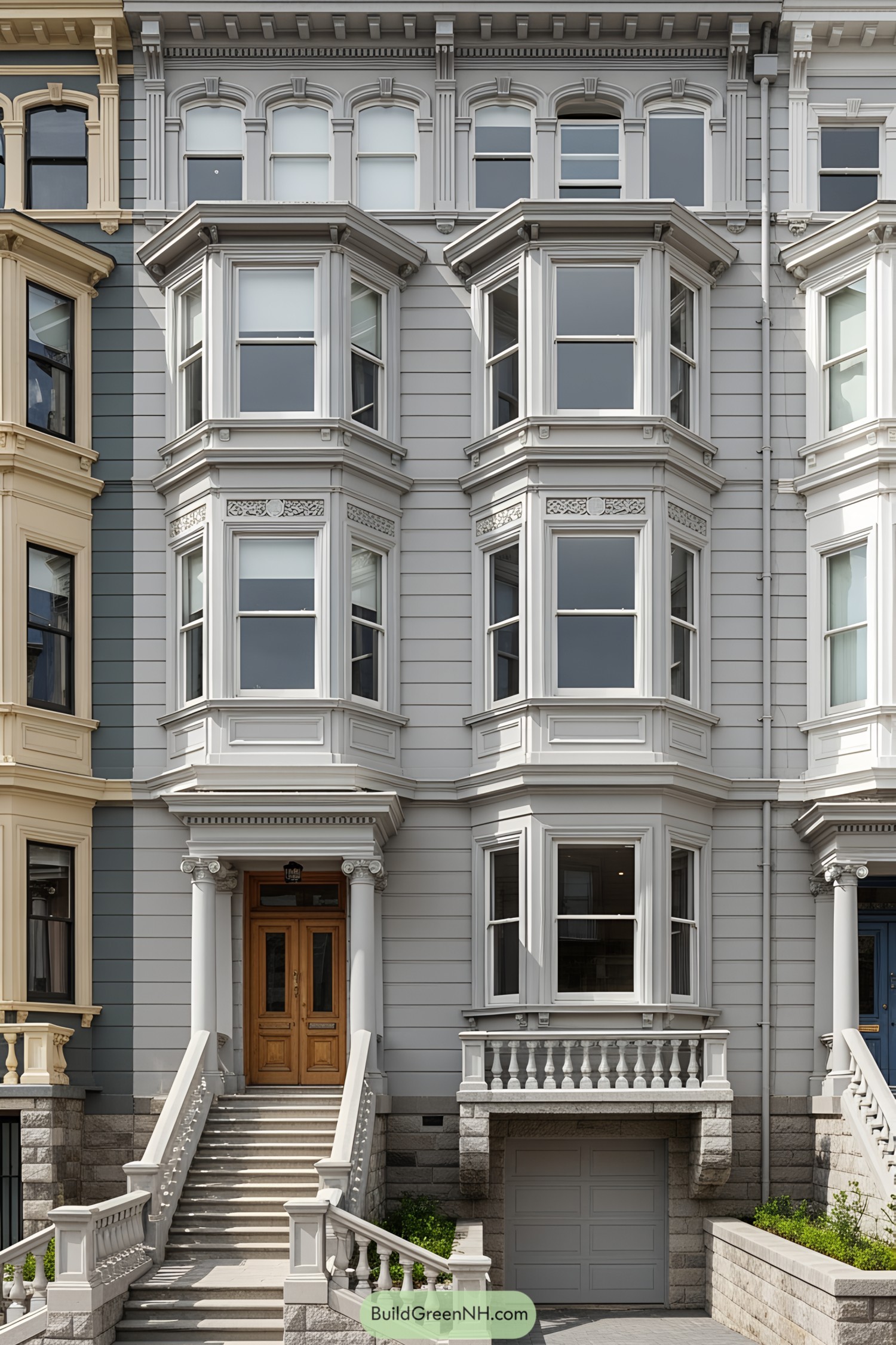Gray Victorian townhouse with bay windows and intricate details