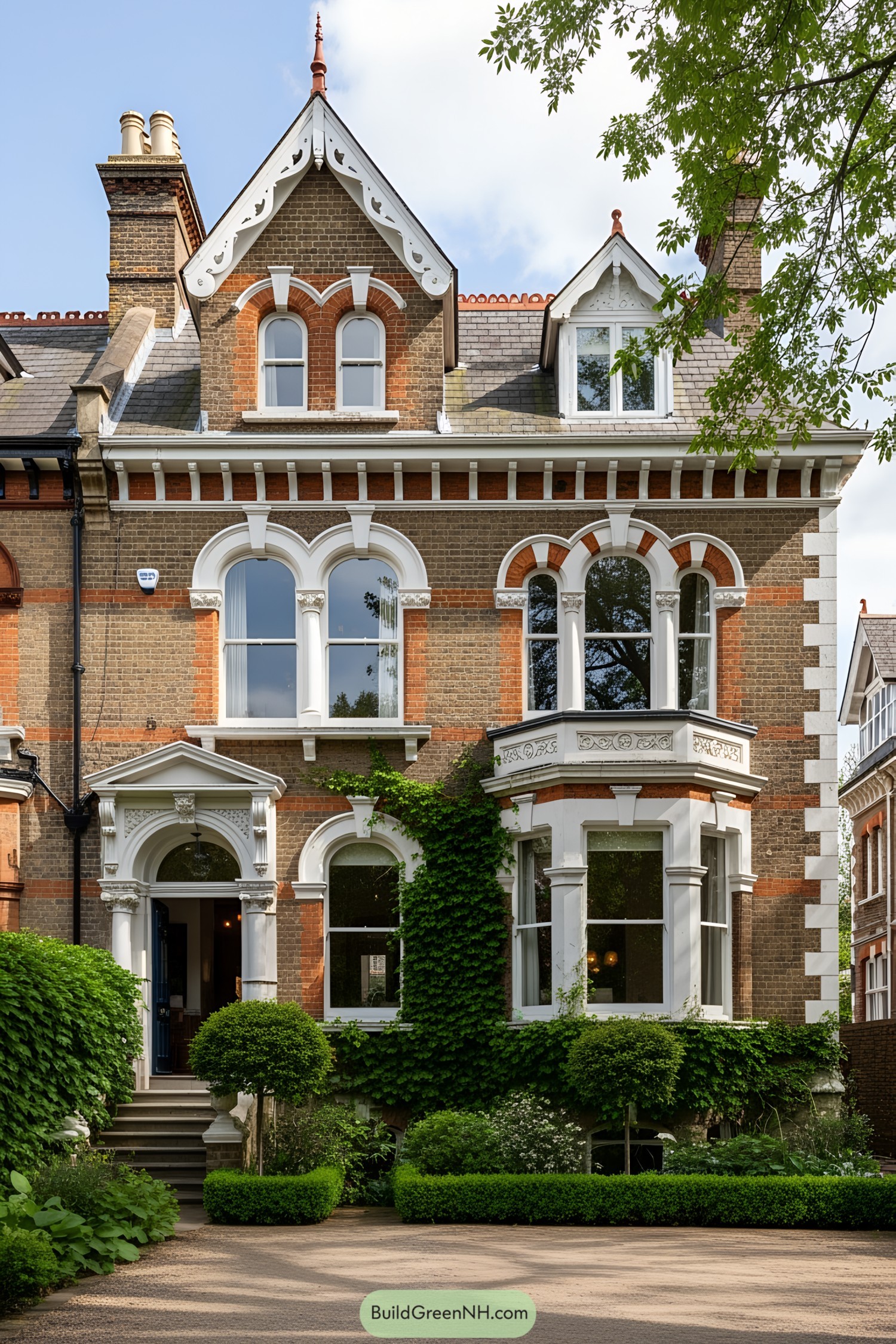Victorian townhouse with ornate details and a lush garden