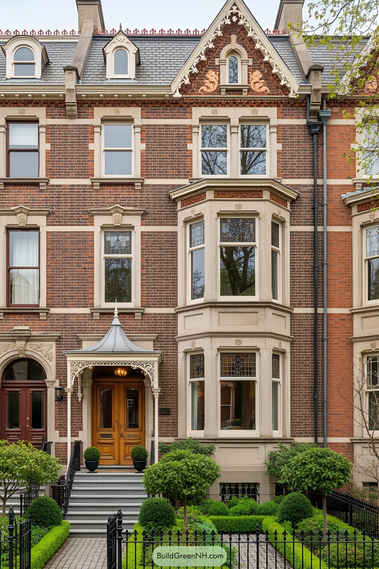 Redbrick townhouse with ornate details and lush greenery