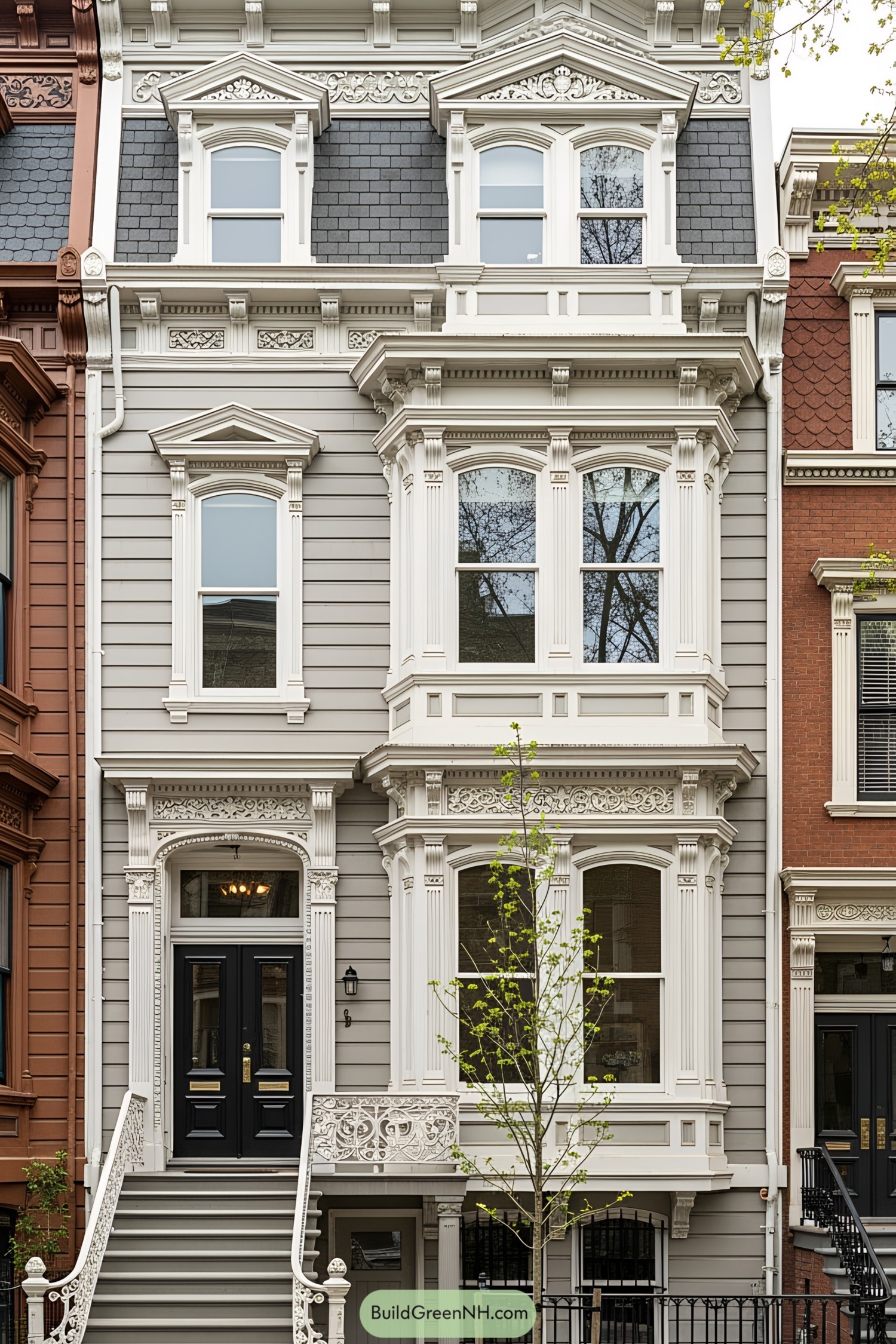 Ornate Victorian townhouse with bay windows and intricate detailing