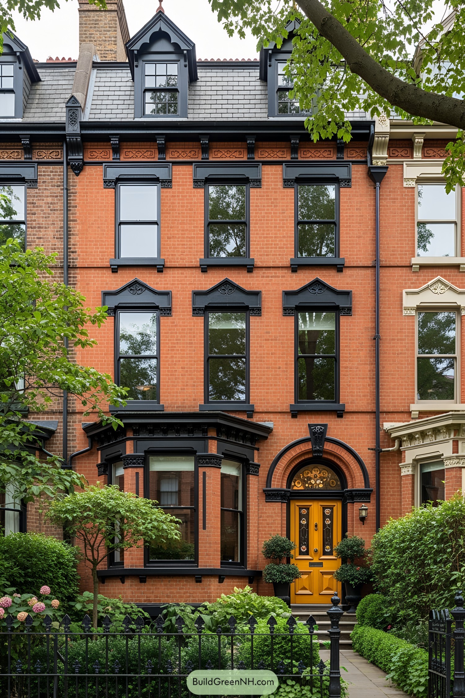 Brick townhouse with black trim and lush greenery