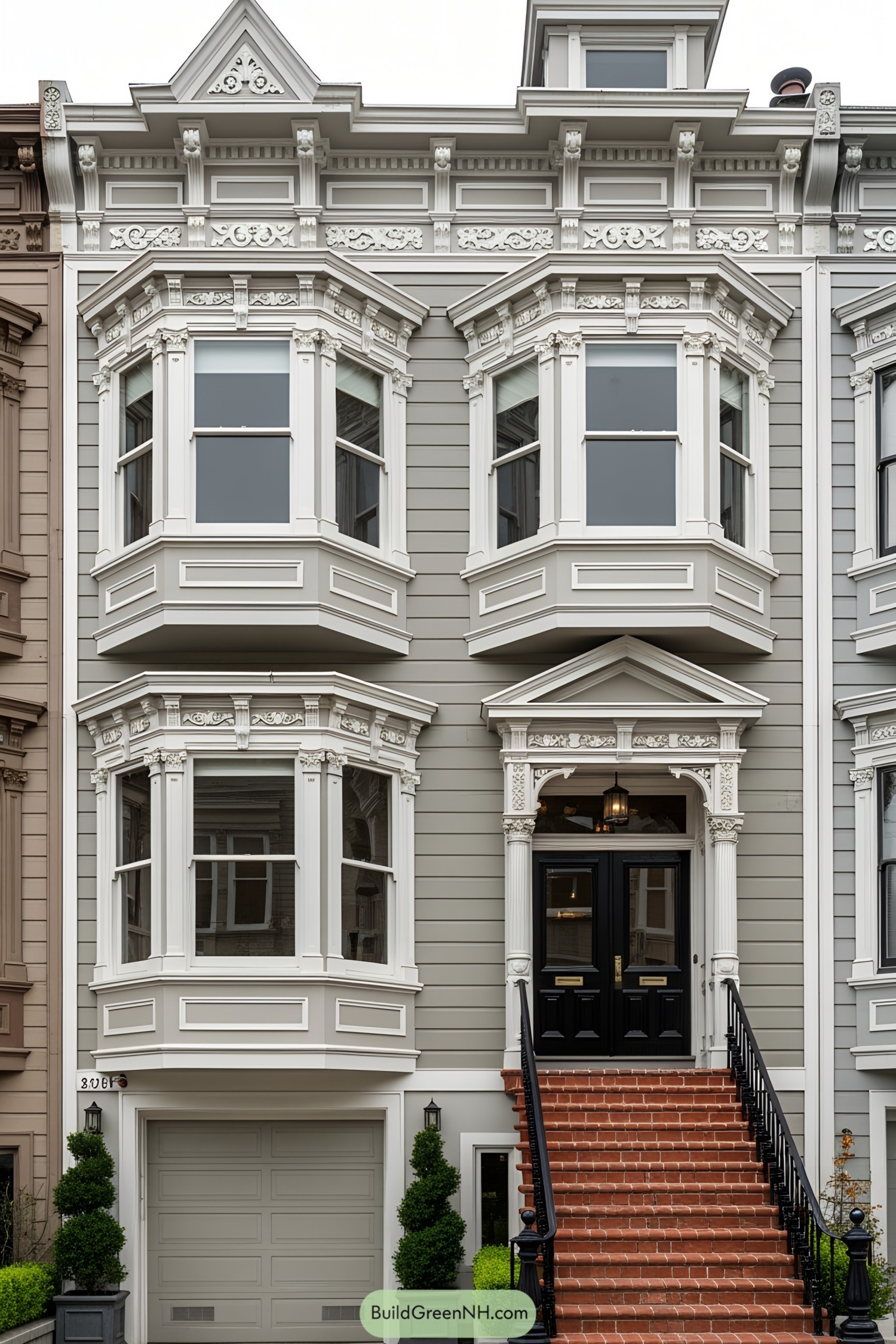 Victorian townhouse with intricate trim and bay windows