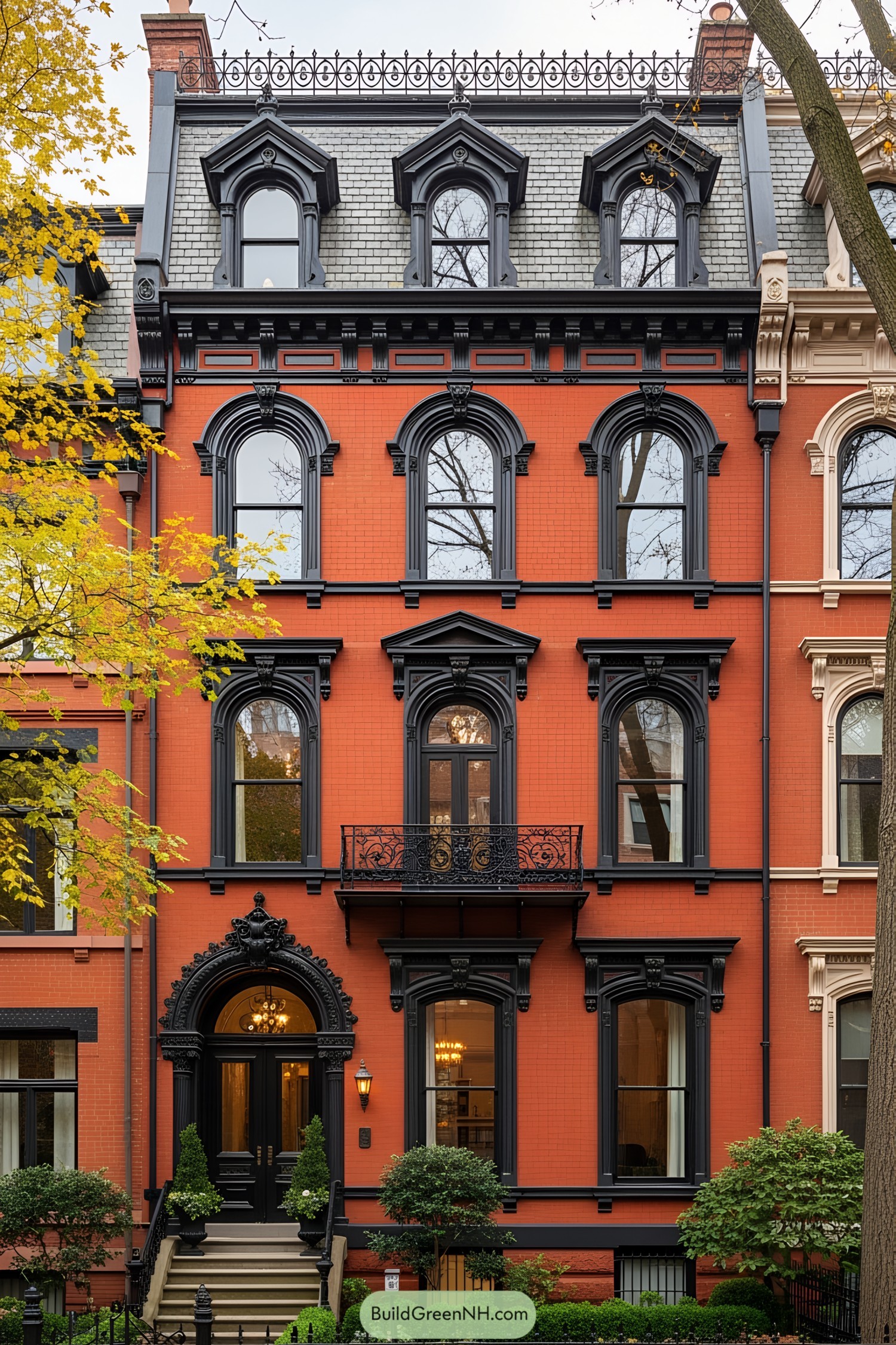 Bright orange townhouse with detailed black trim and elegant windows