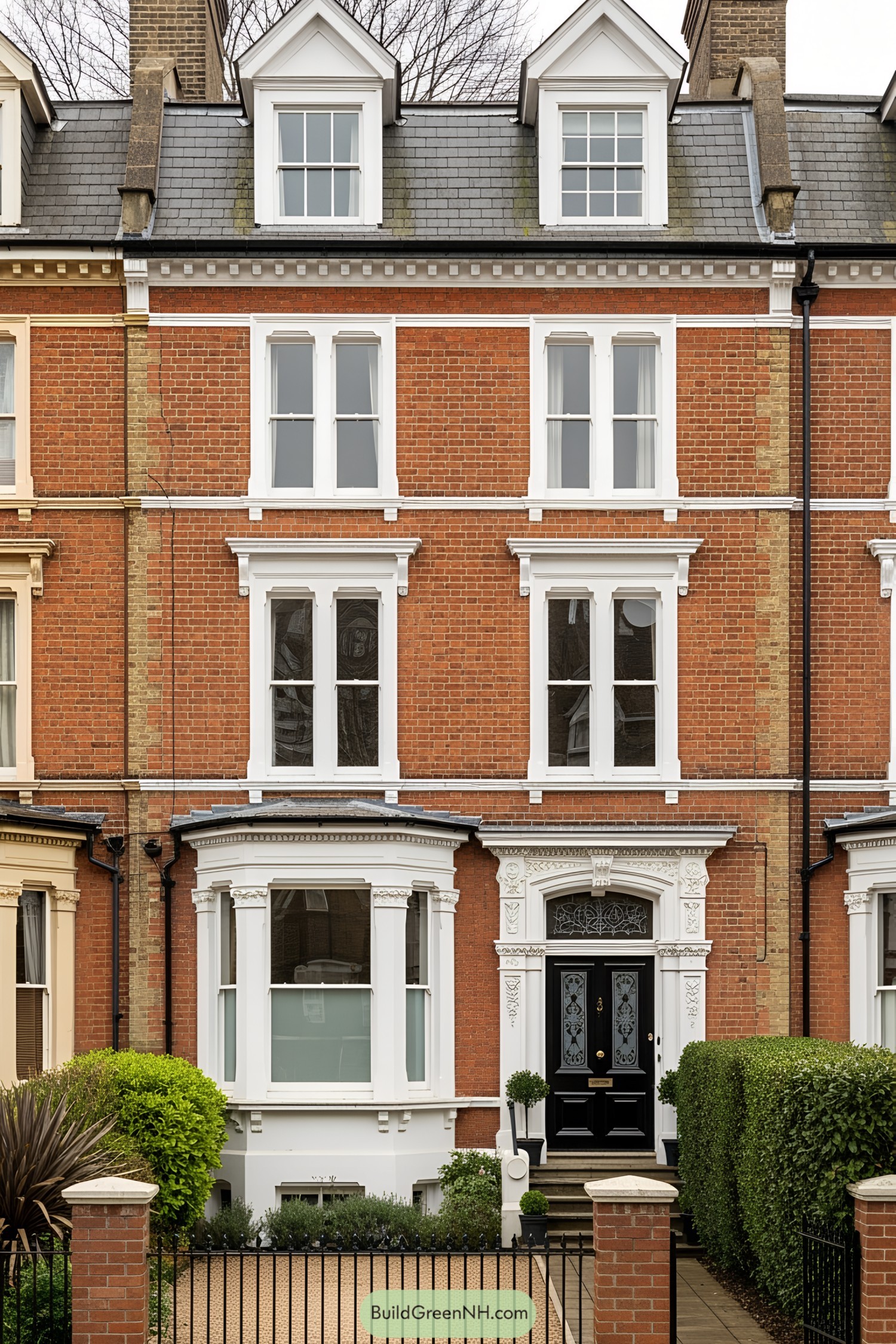 Victorian townhouse with ornate details and lush greenery