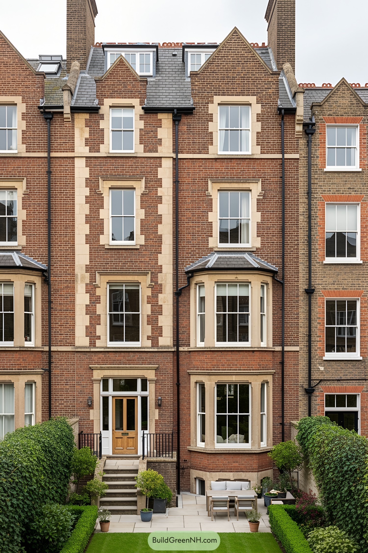 Victorian townhouse with intricate brickwork and bay windows