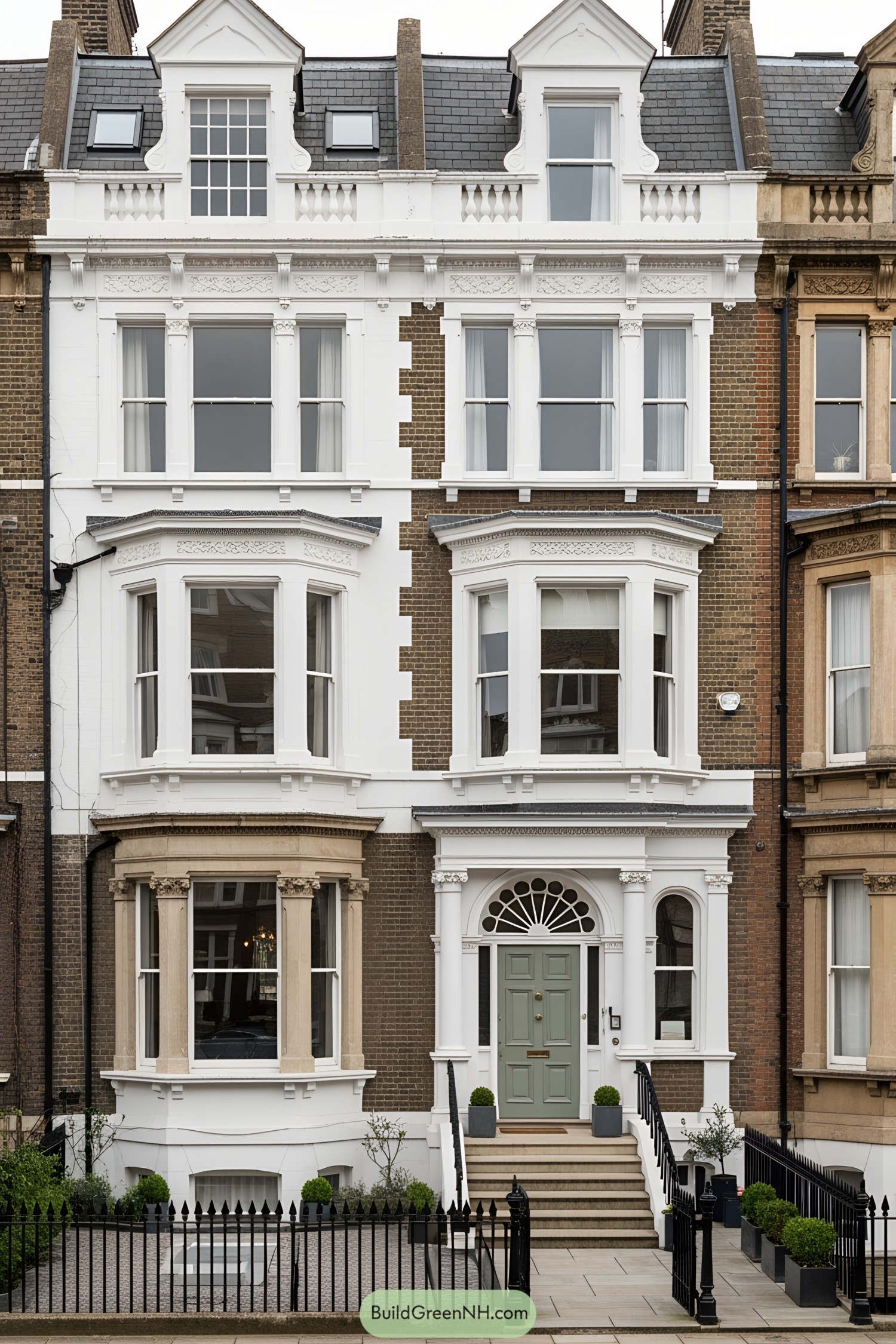 Exterior of a Victorian townhouse with grand bay windows and detailed moldings