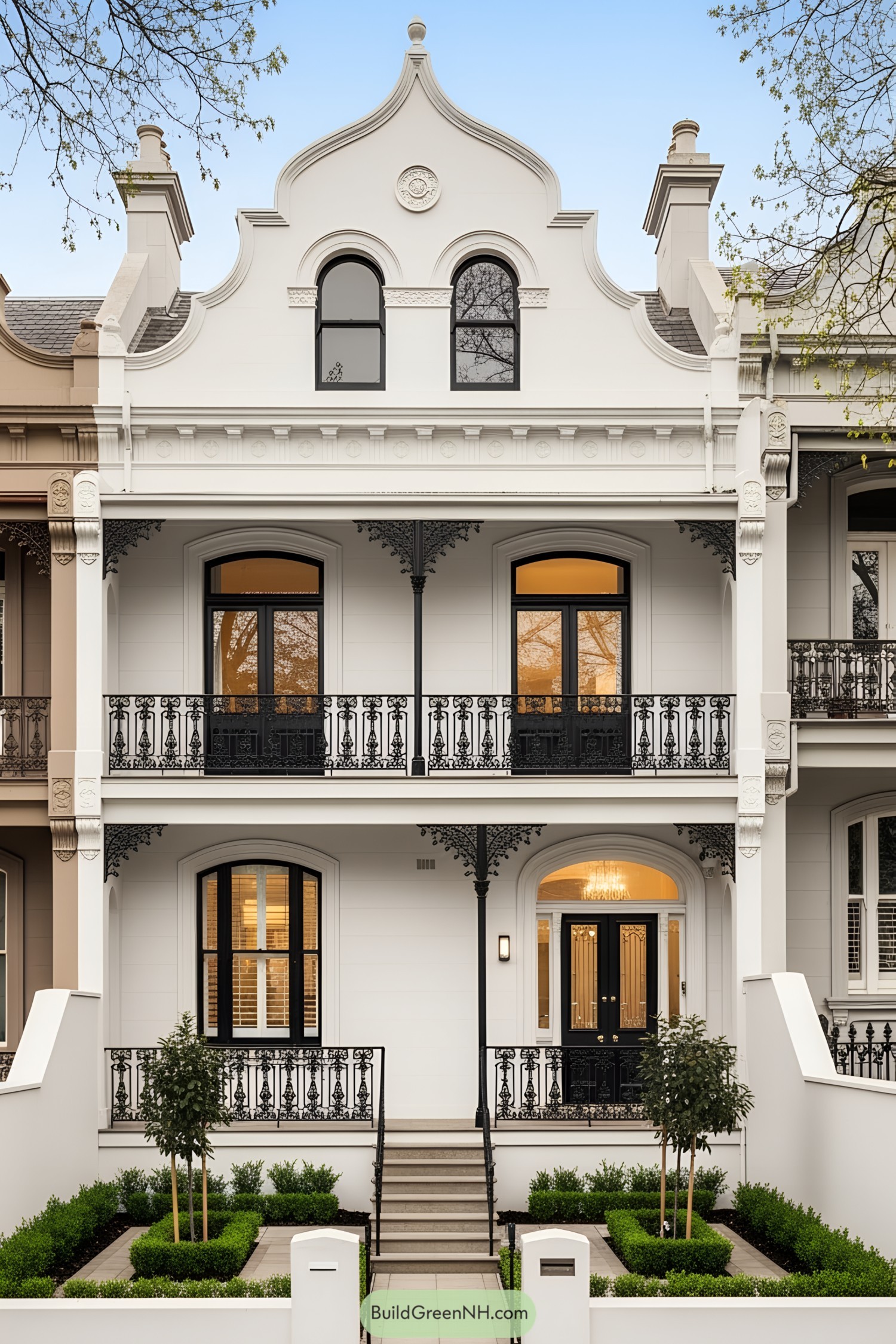 Charming Victorian townhouse facade with ornate ironwork