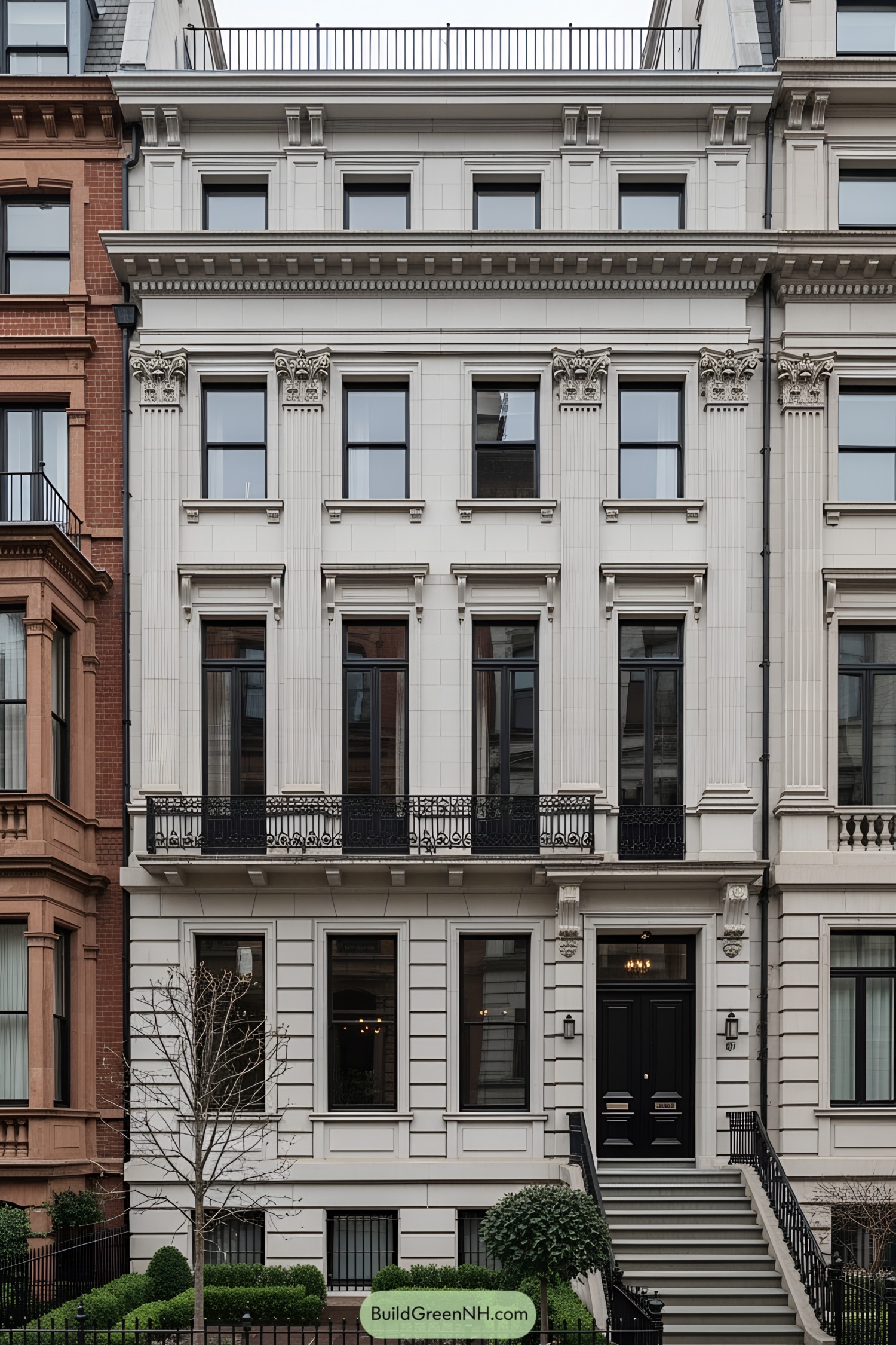 Ornate facade of a Victorian-era townhouse with columns and balconies