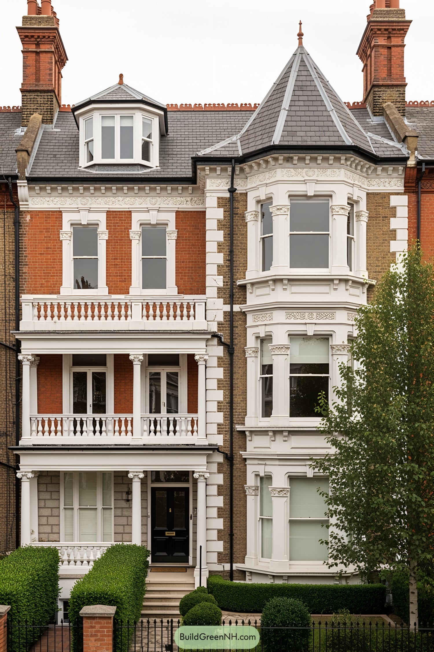 Classic Victorian townhouse with intricate white trim and red brick