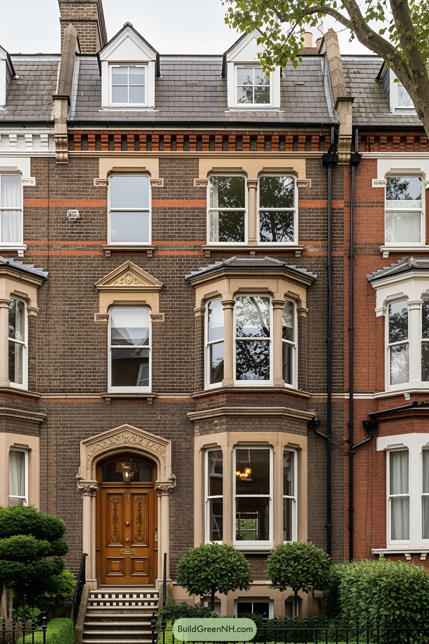 Victorian townhouse facade with bay windows and ornate detailing