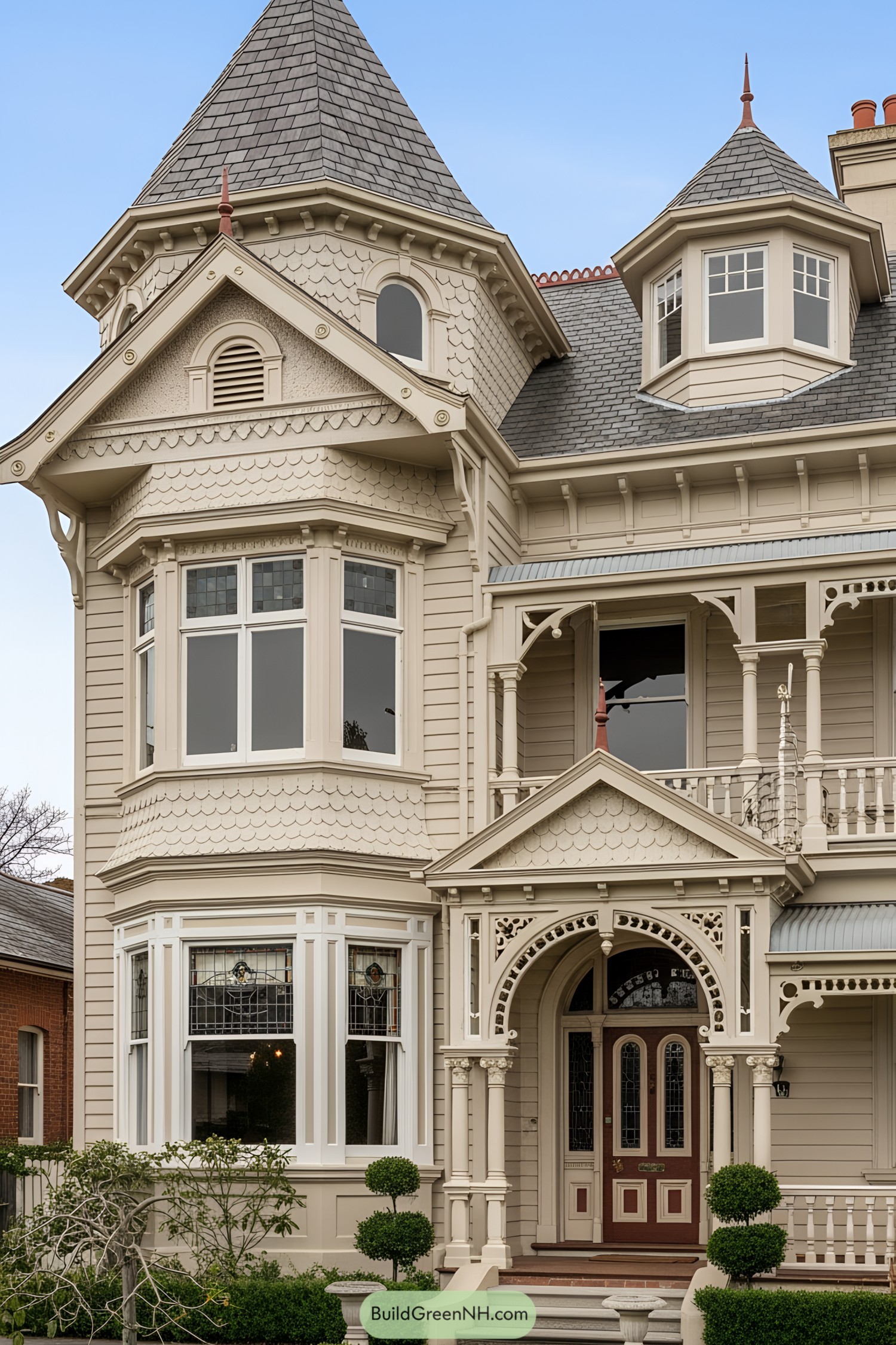 Victorian villa with turrets under a blue sky