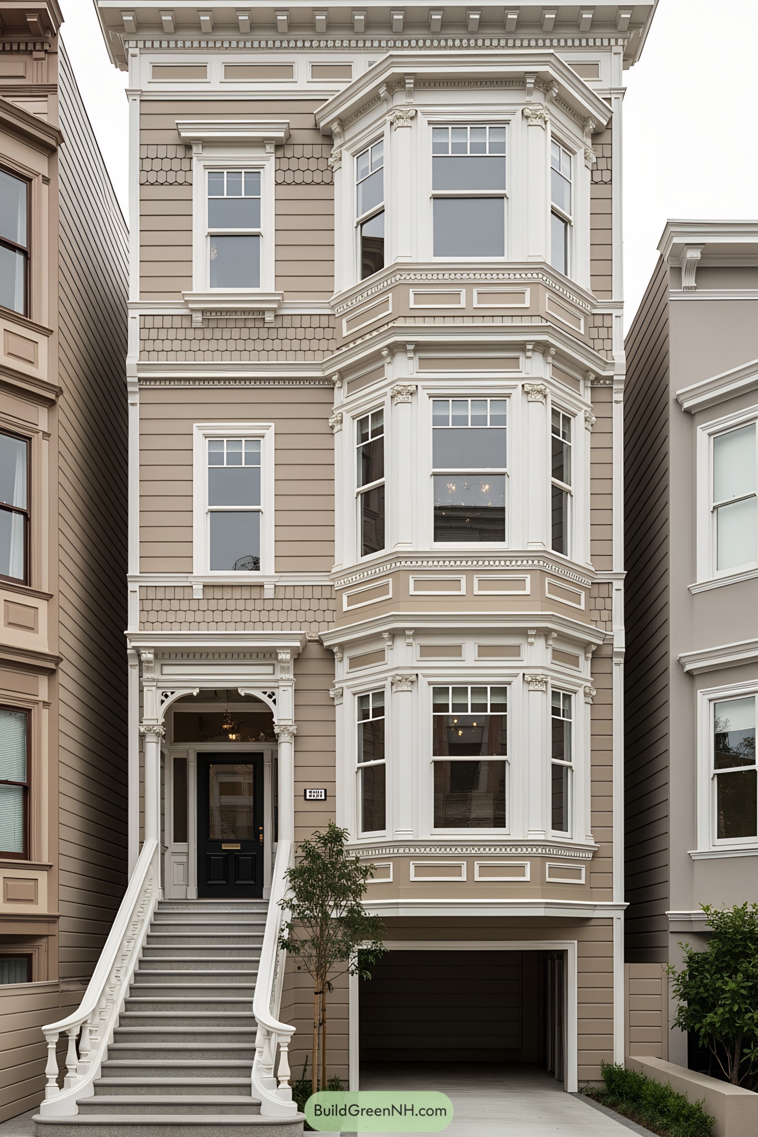 Victorian-style villa with intricate details and large windows