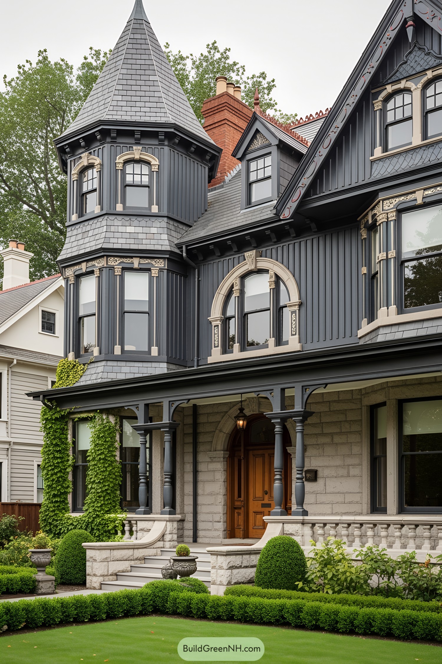 Victorian villa with a turret, detailed woodwork, and lush greenery