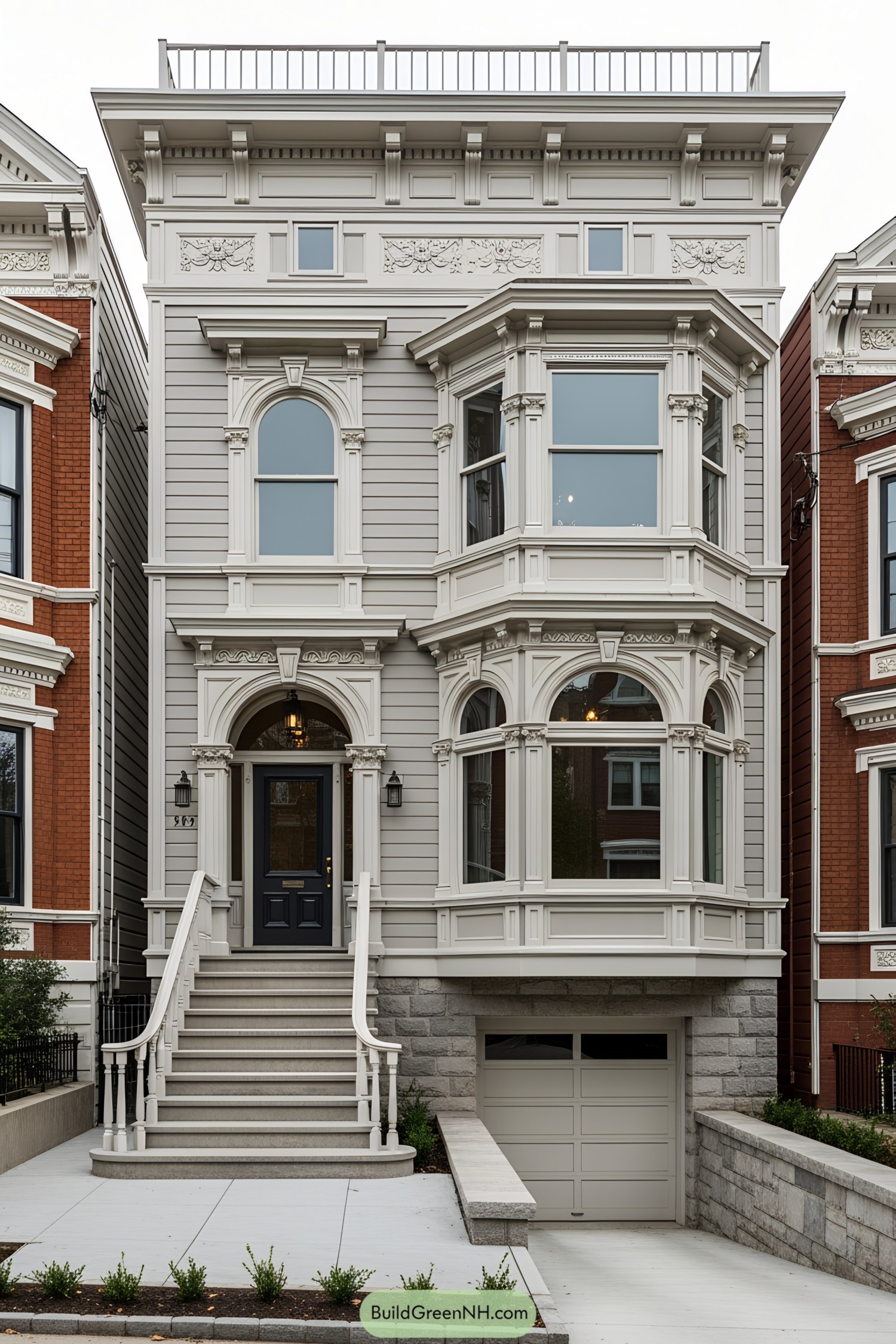Gray Victorian villa with bay windows and ornate detailing