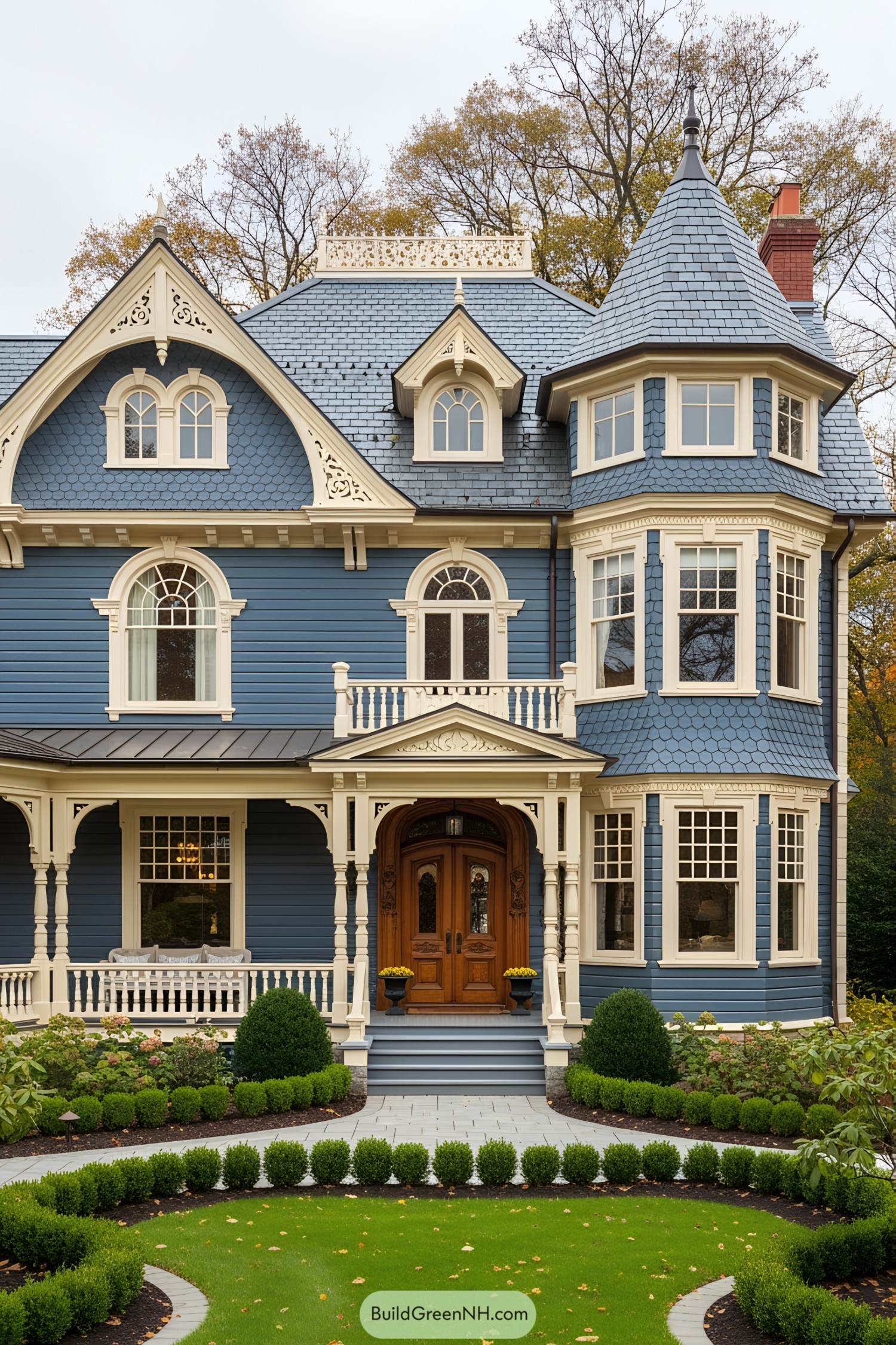 A large blue Victorian villa with a turret and detailed trim