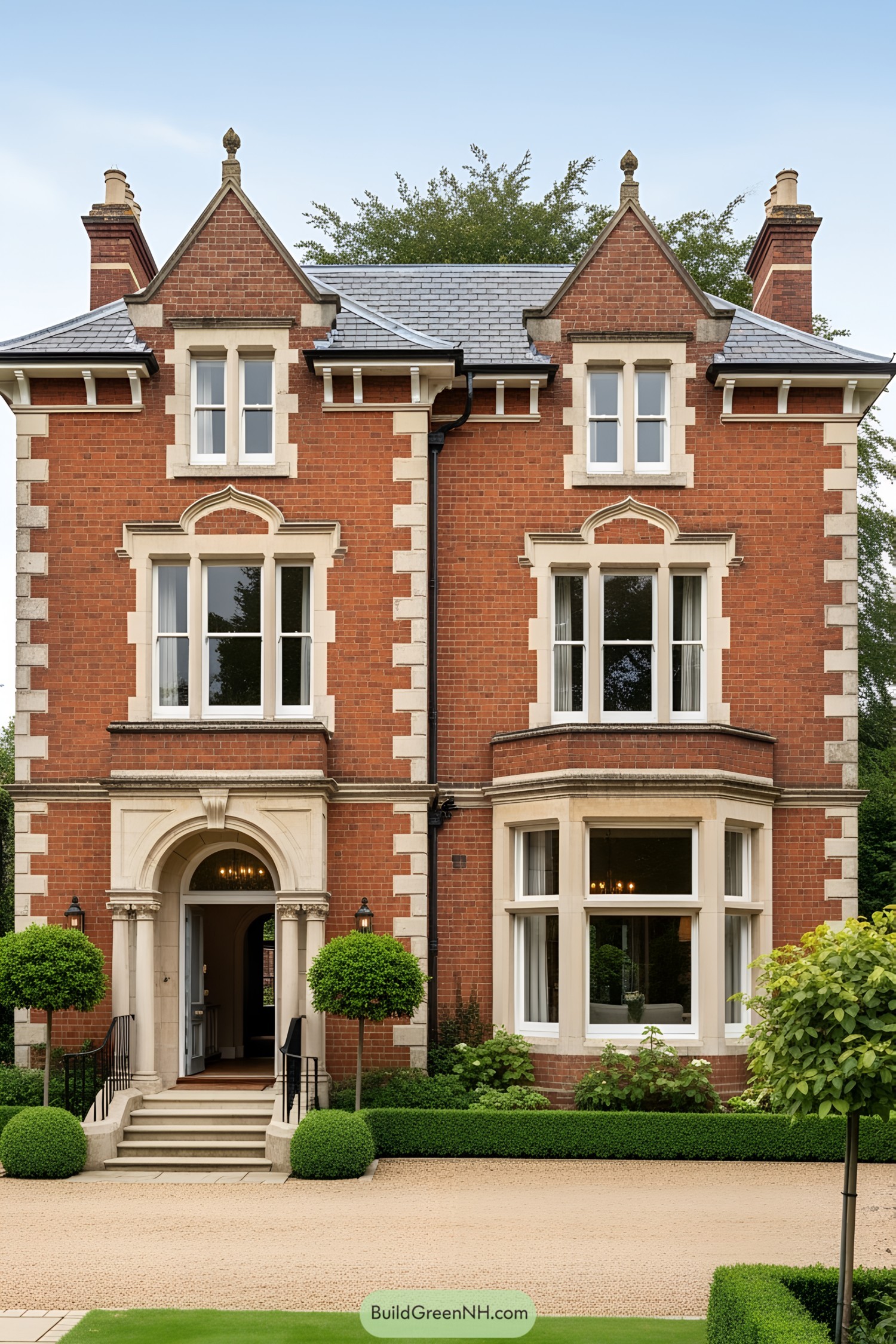 Victorian villa with striking red brick facade and ornate windows