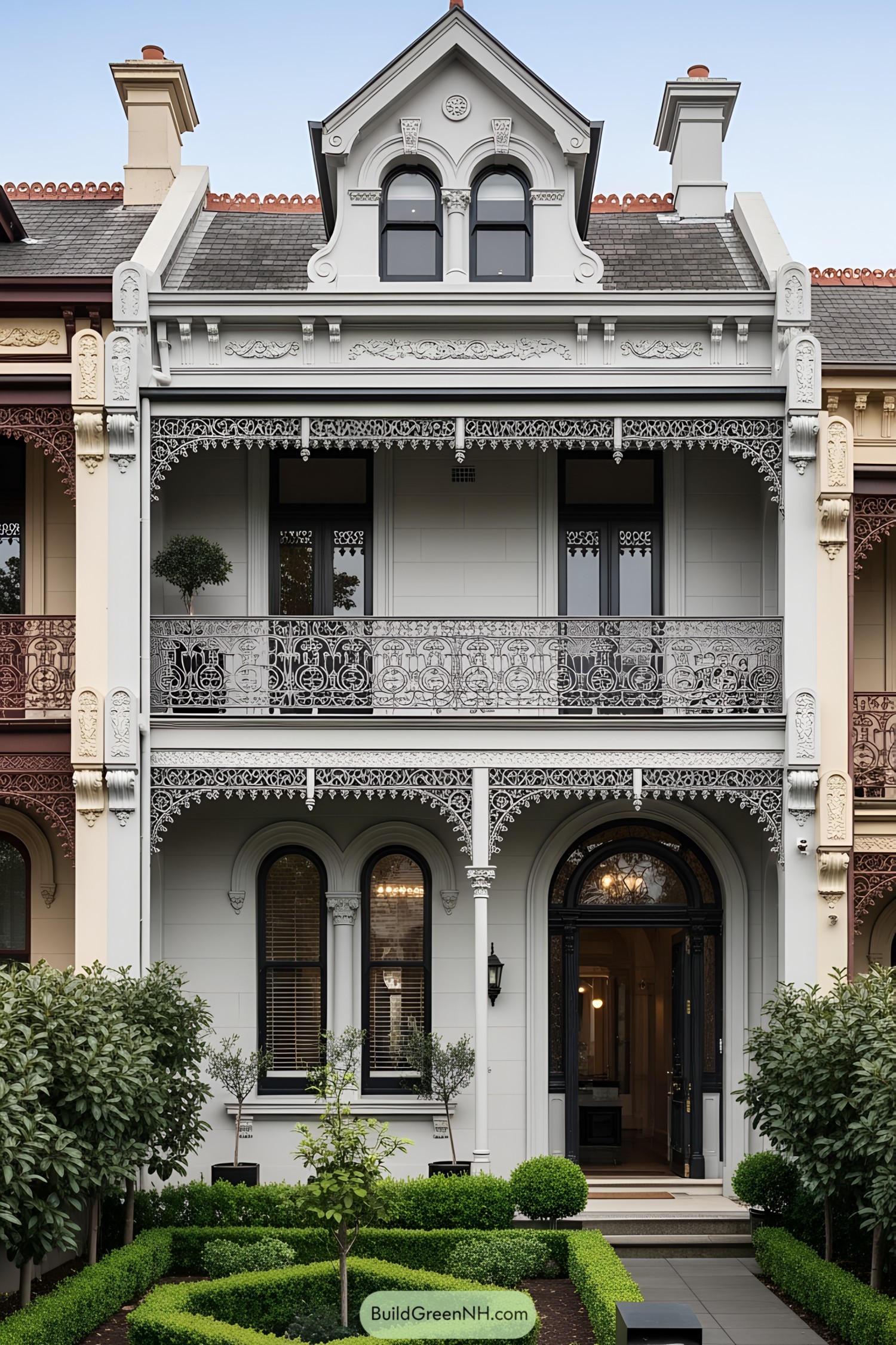 Charming Victorian house with intricate ironwork and lush garden