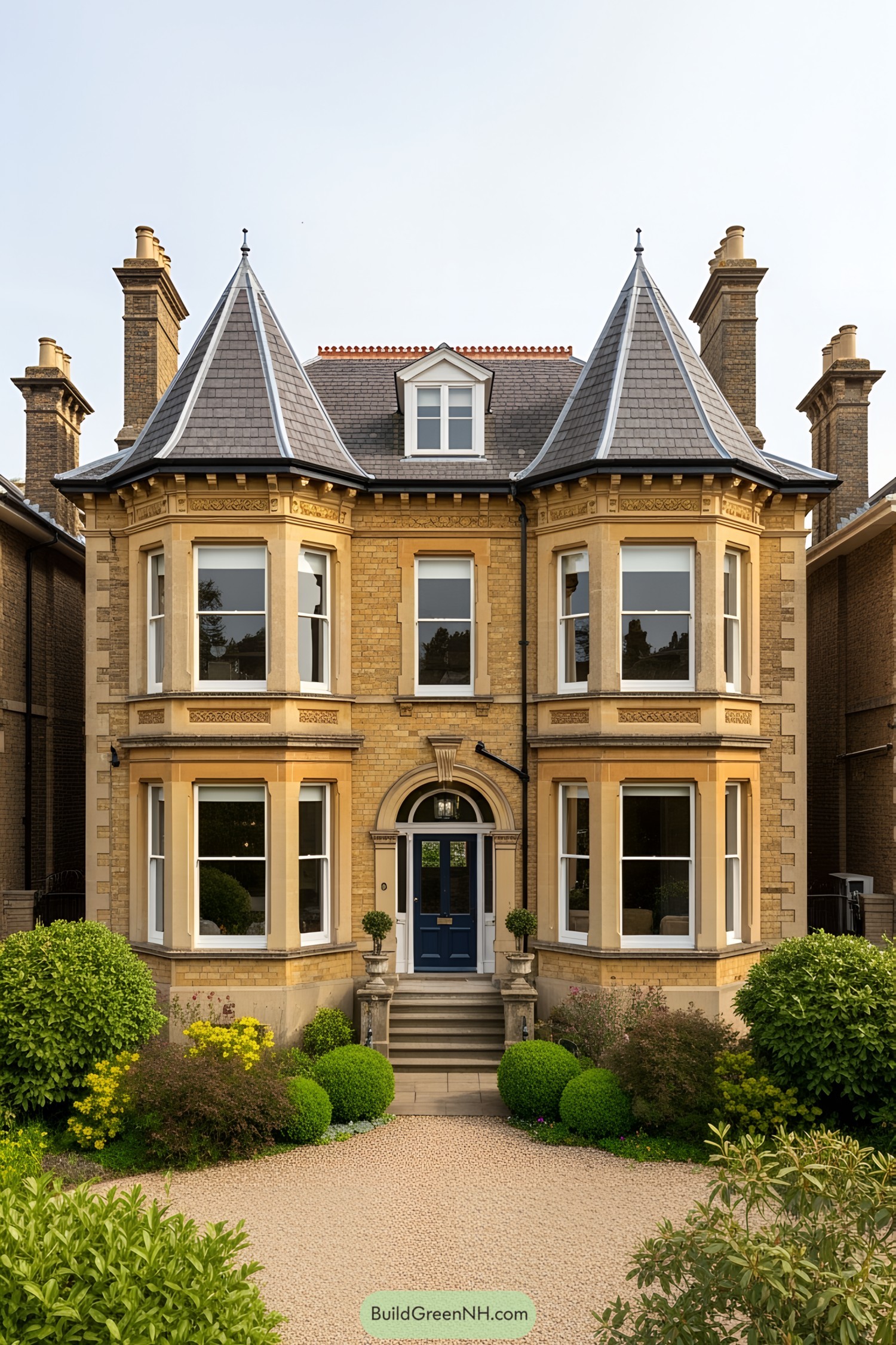 Exquisite Victorian villa with twin turrets and lush greenery
