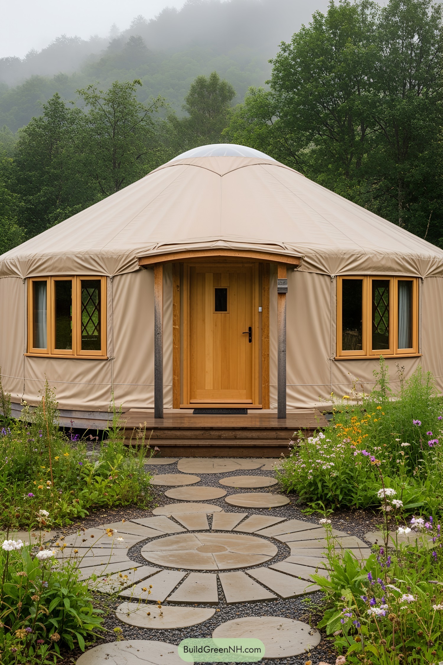 Circular yurt with wooden entrance surrounded by greenery