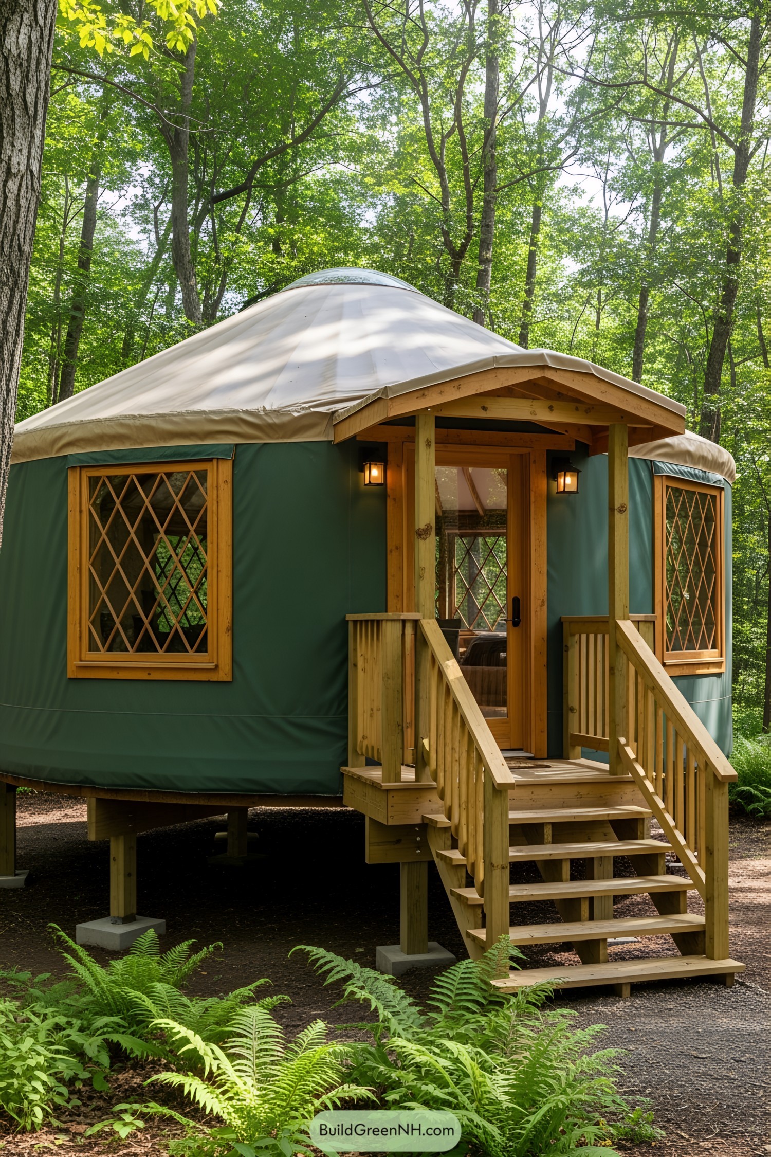 Green yurt with wooden steps in a forest setting