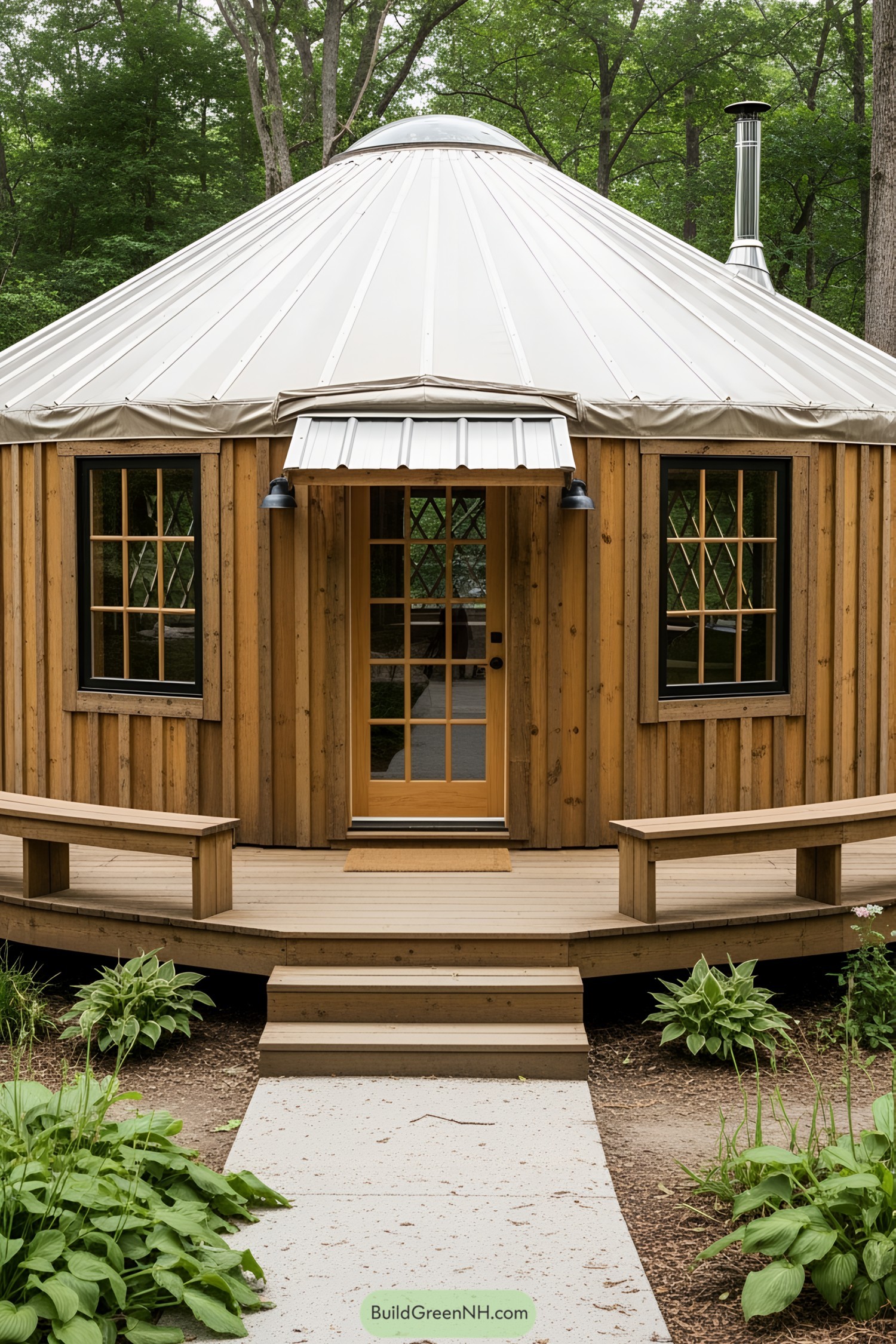 A yurt with a wooden exterior nestled in a forest setting