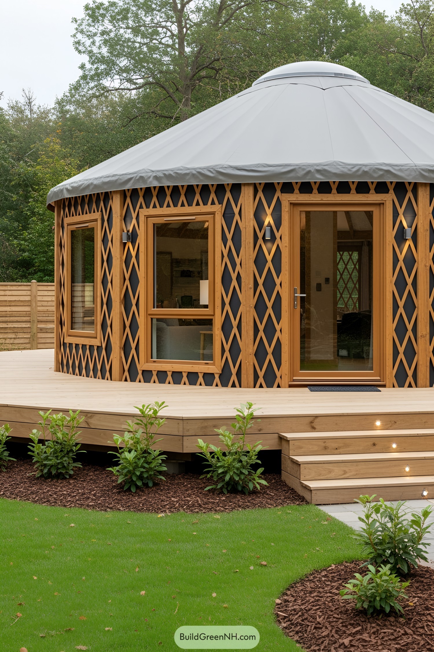 Cozy yurt with latticework and a wooden deck