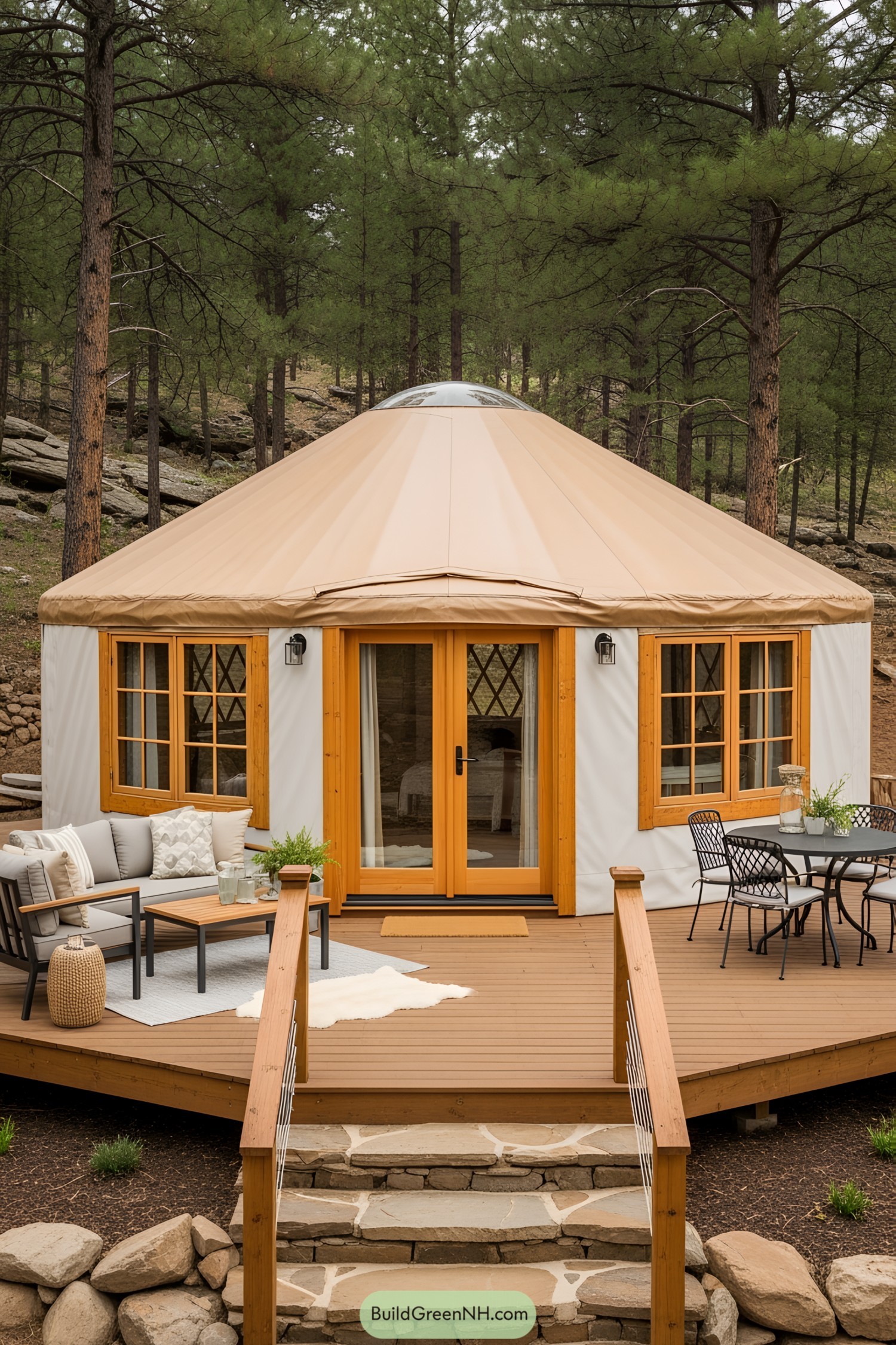 A yurt nestled among forested trees with a wooden deck