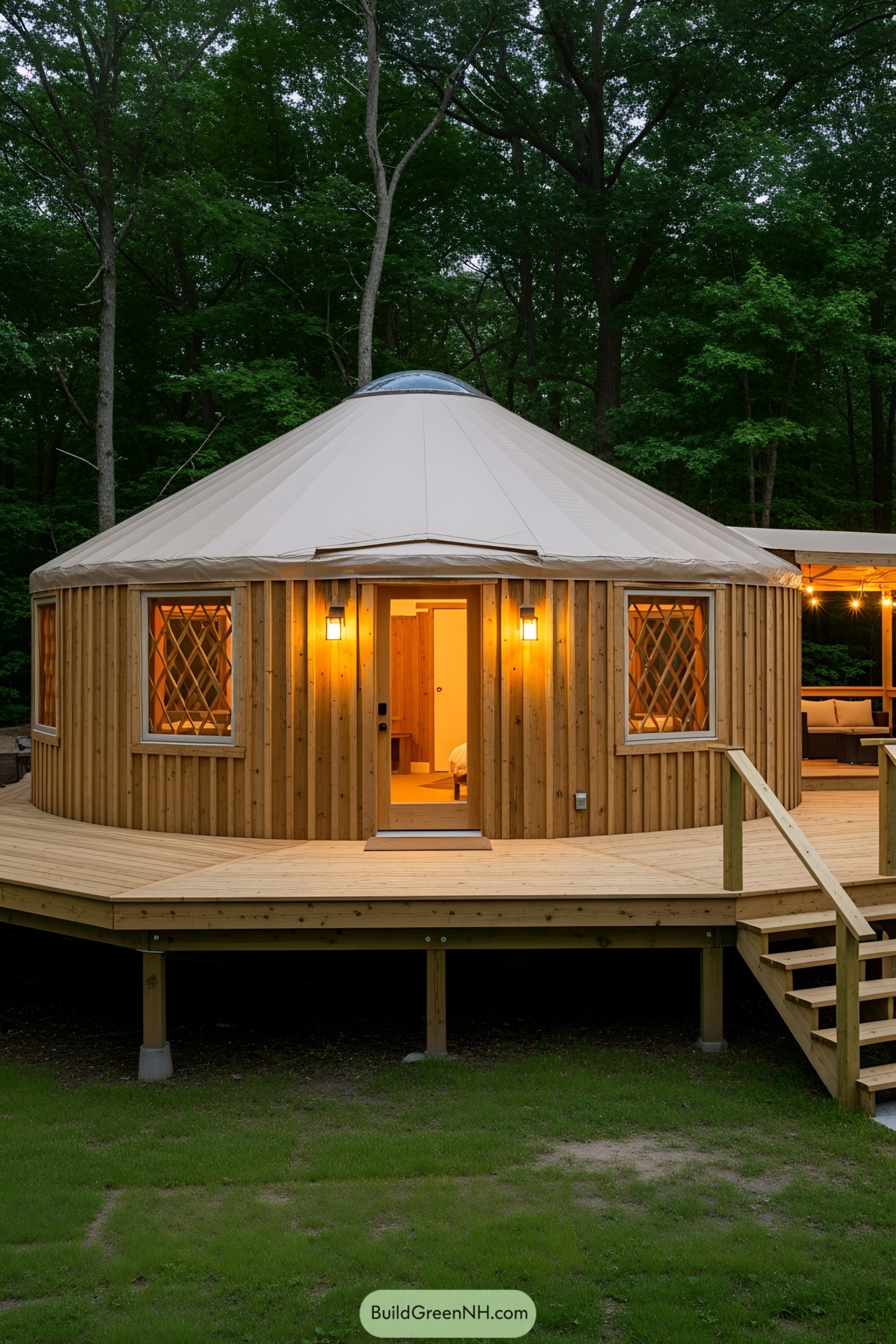 Yurt with wooden exterior and a deck