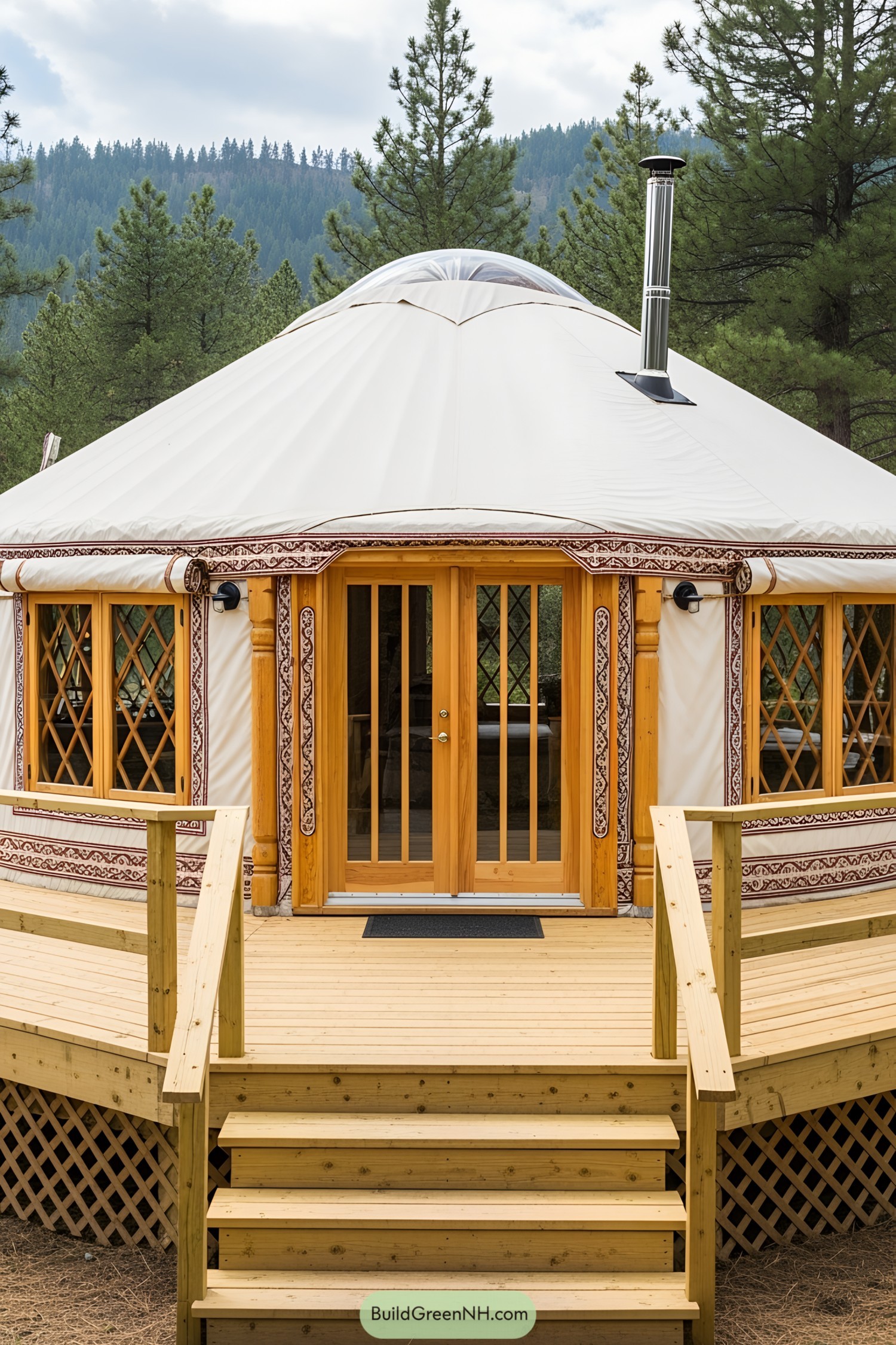 Cozy yurt nestled among trees with wooden deck and patterned details