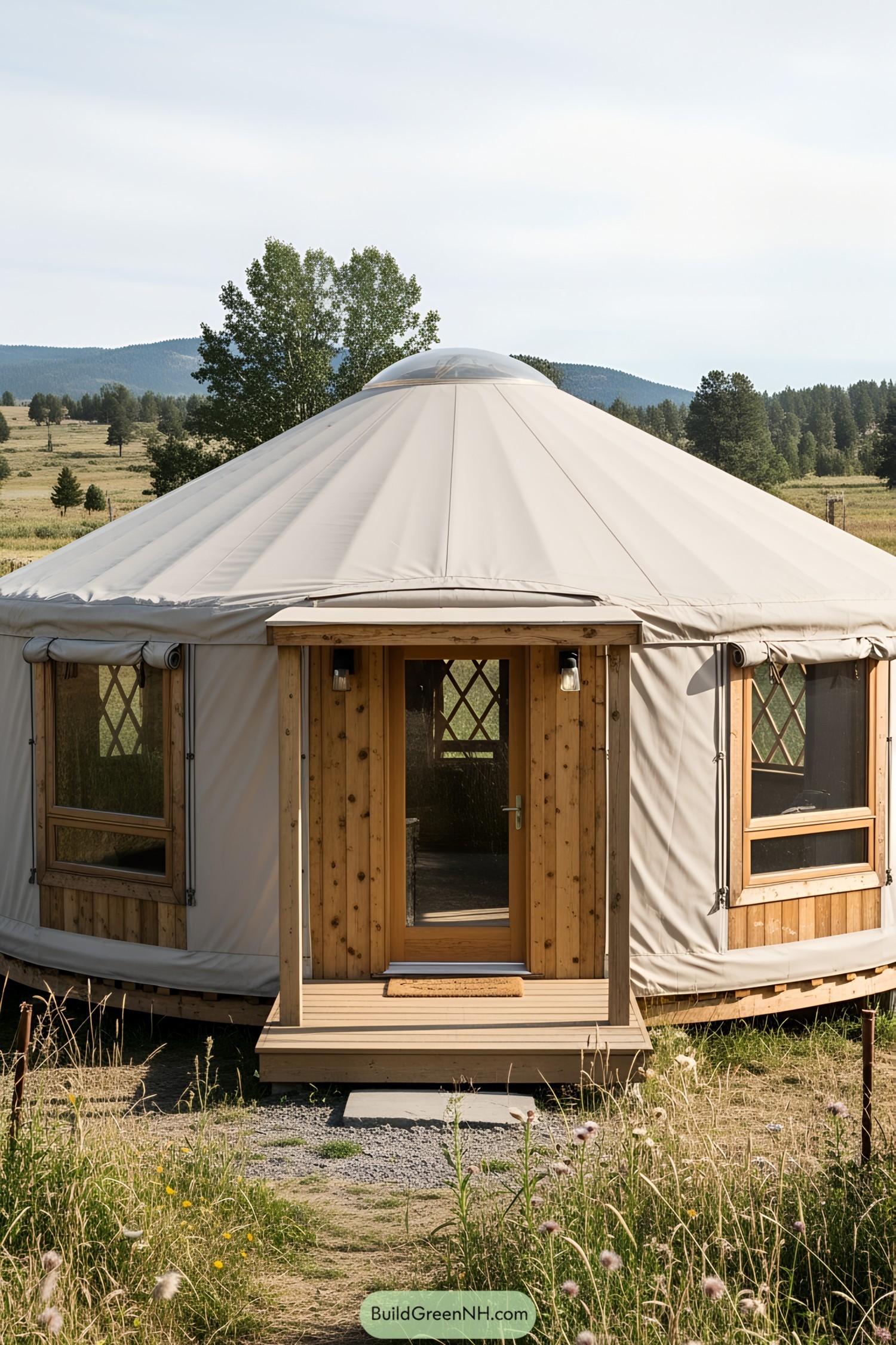 Circular yurt with wooden accents in a meadow