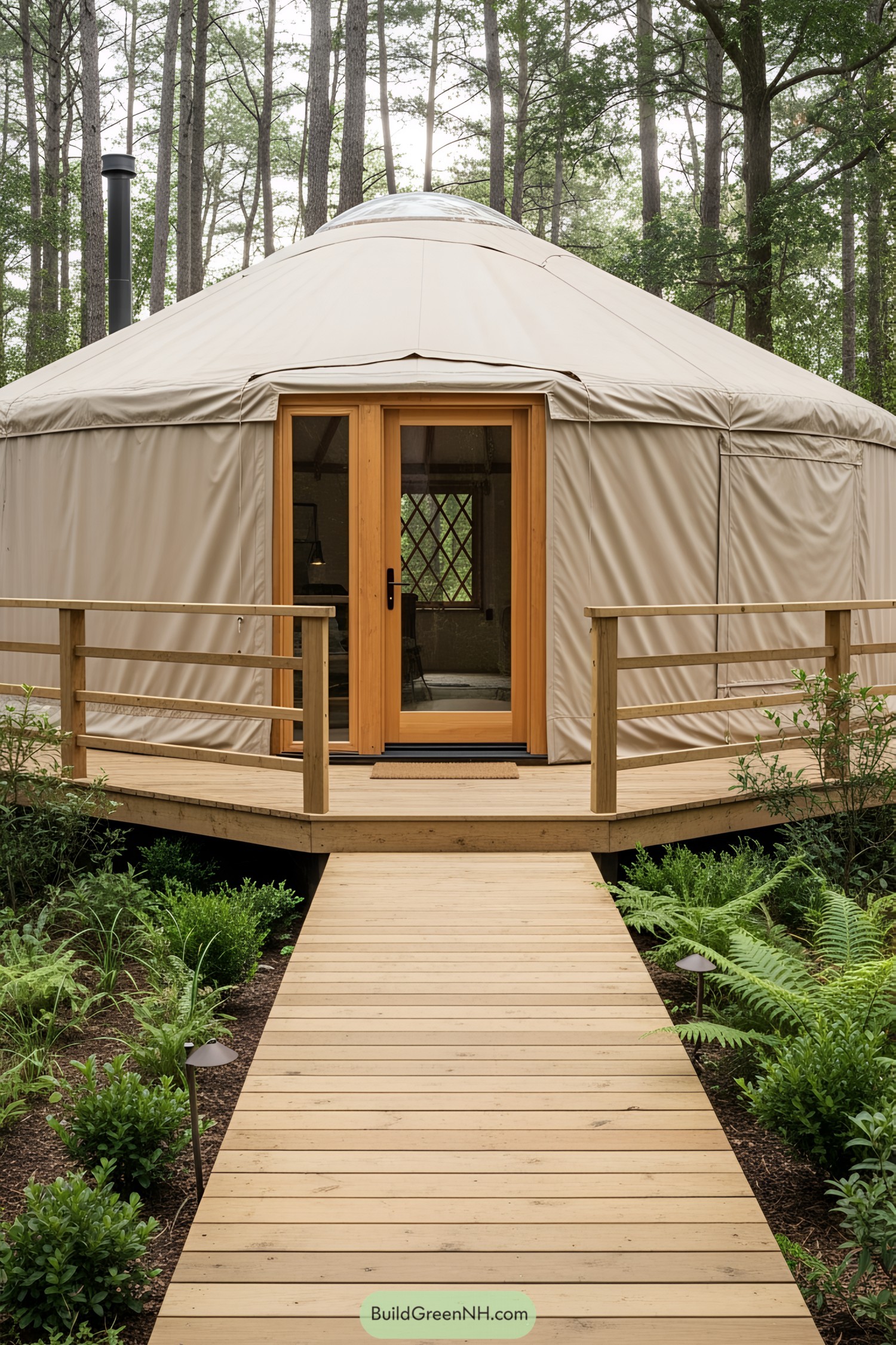 Wooden pathway leading to a yurt in a forest setting