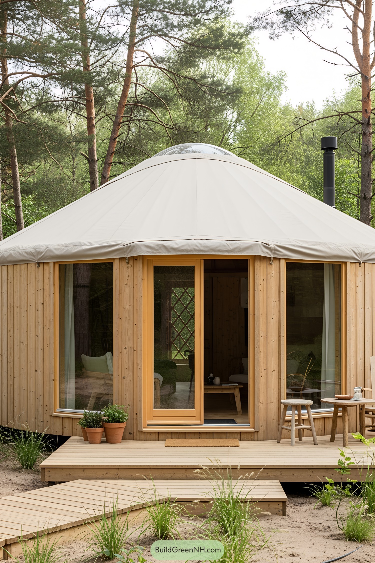 A charming wooden yurt under tall trees