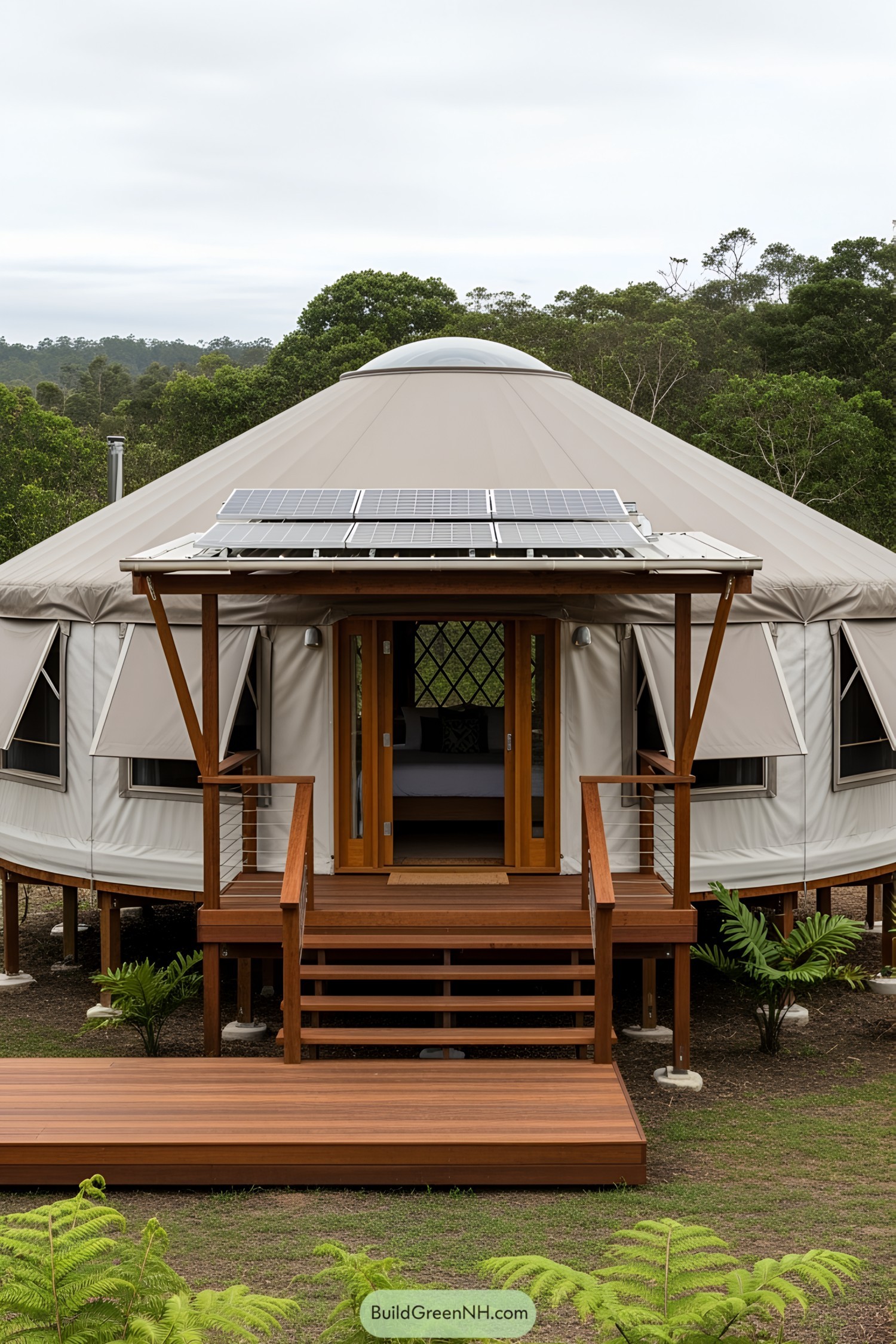 A yurt with solar panels and wooden steps in a verdant setting