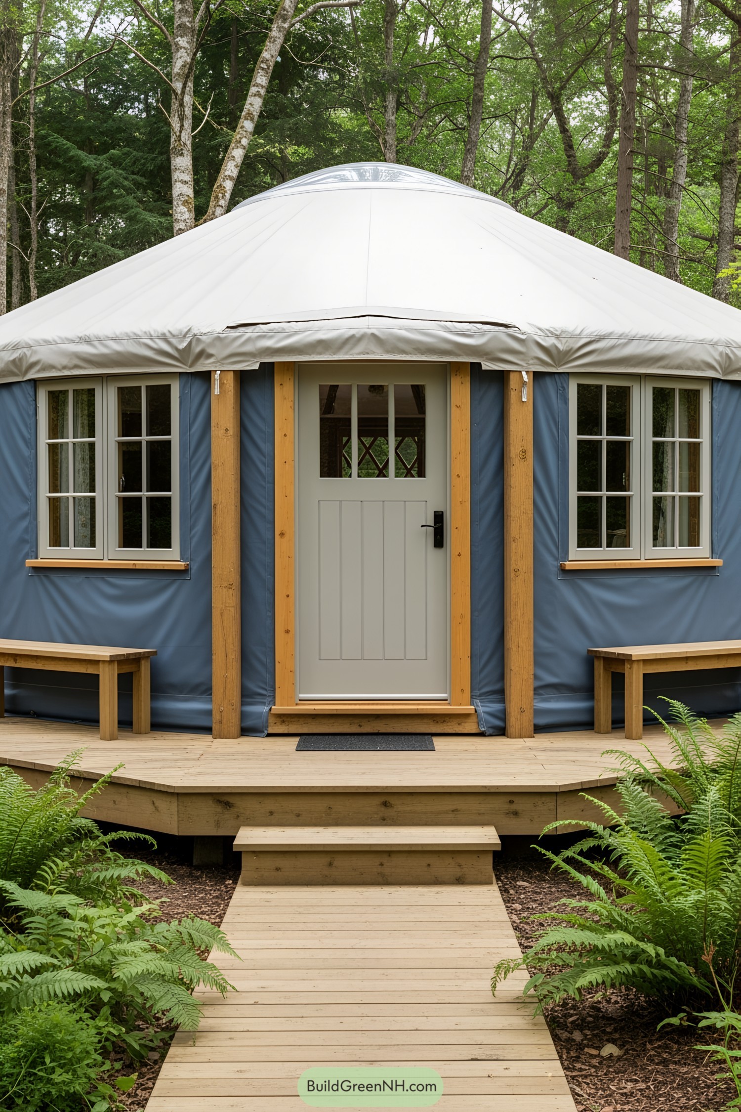 Cozy yurt with wooden features nestled in the woods