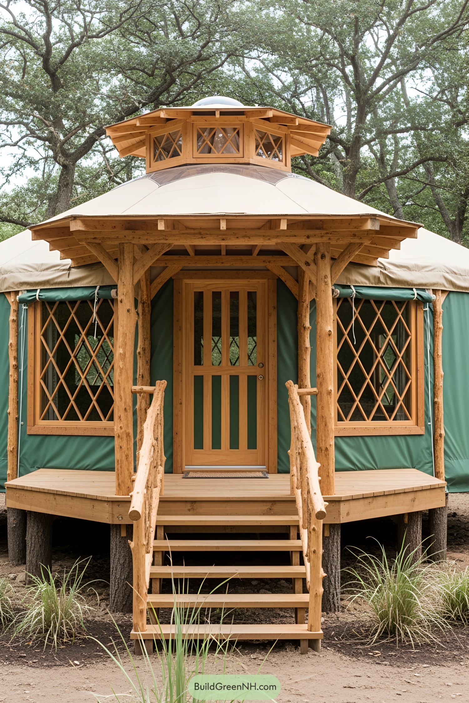 Wooden yurt with green canvas walls in a forest setting
