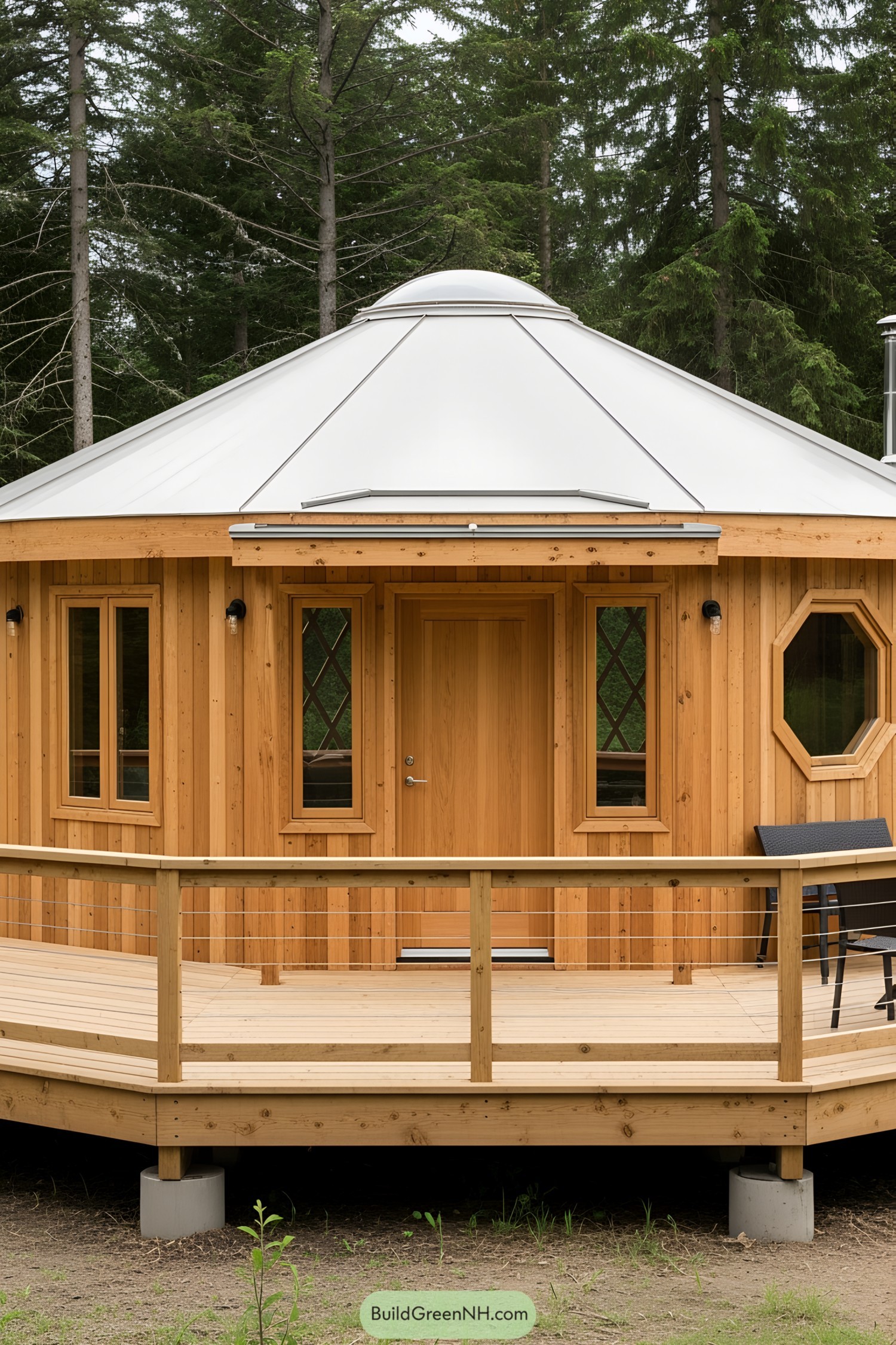 Wooden yurt with a white roof surrounded by trees