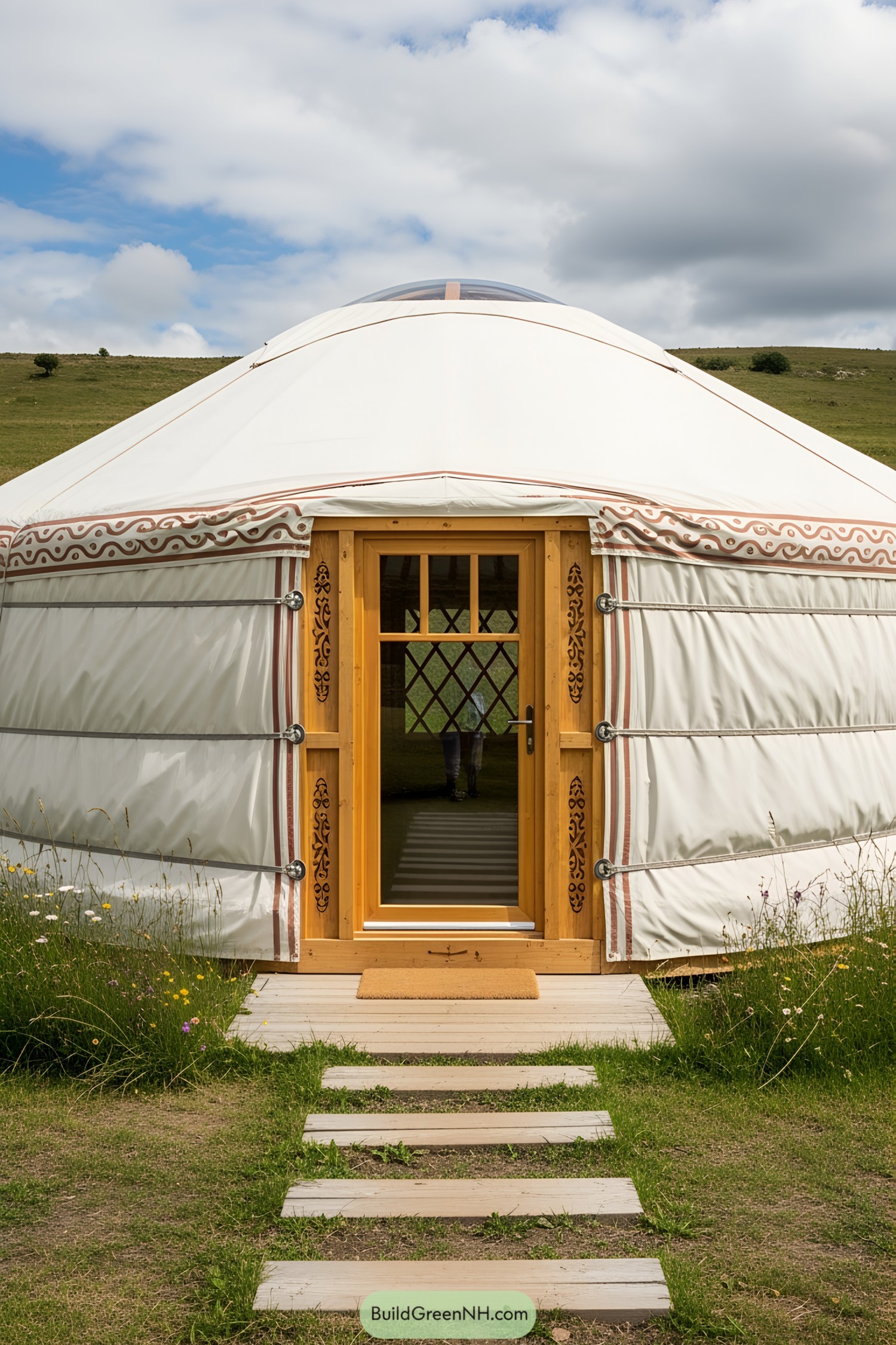 Circular yurt with wooden door on a grassy landscape