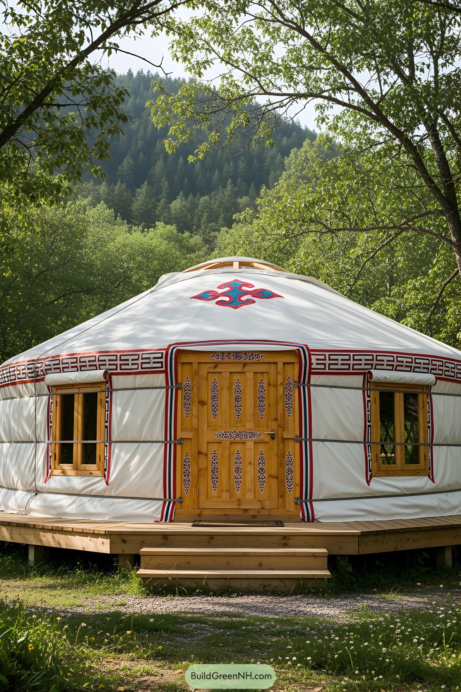 Charming yurt with intricate wooden door and forest backdrop