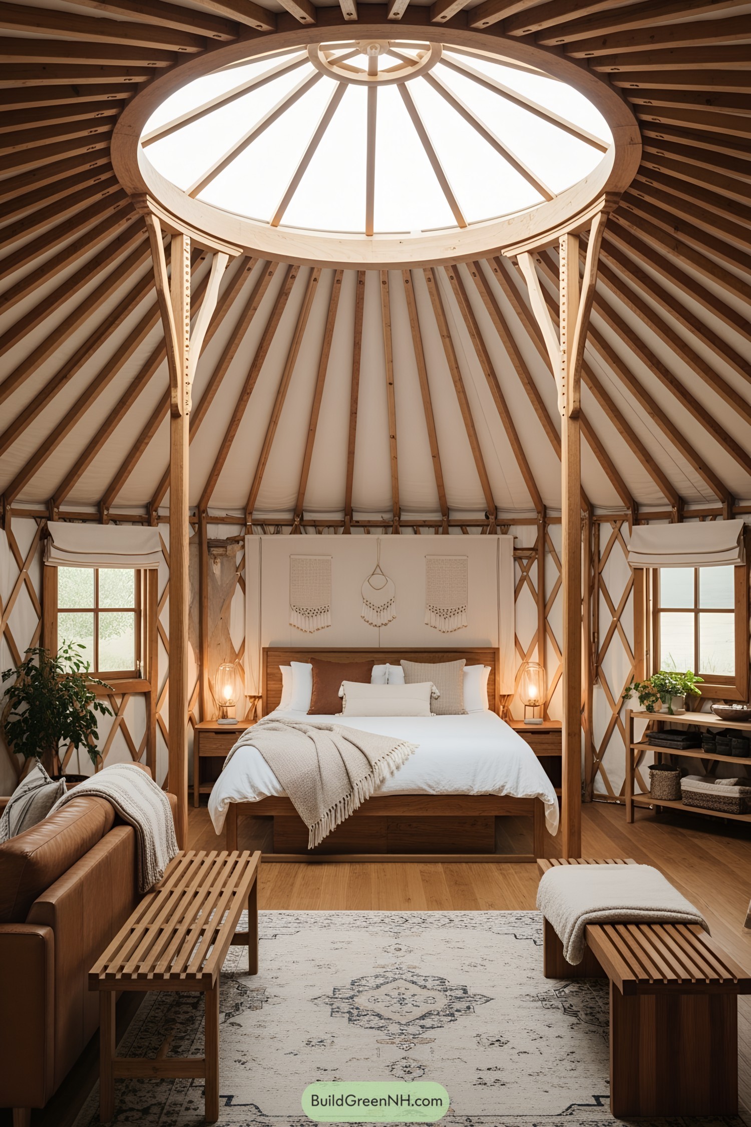 Interior of a yurt with a comfy bed and rustic decor