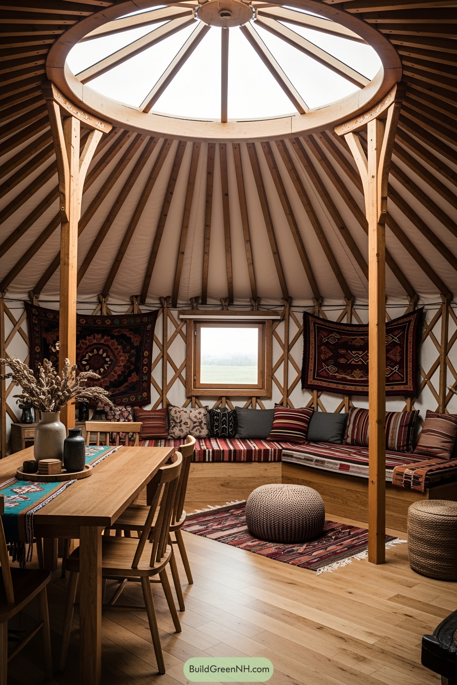 Circular wooden yurt interior featuring vibrant textiles and a cozy seating area